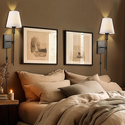 Miniatura 2 de SoodMi Aplique de pared enchufable, apliques de pared de tela, juego de dos, lámpara de pared industrial con cable de enchufe, aplique de pared