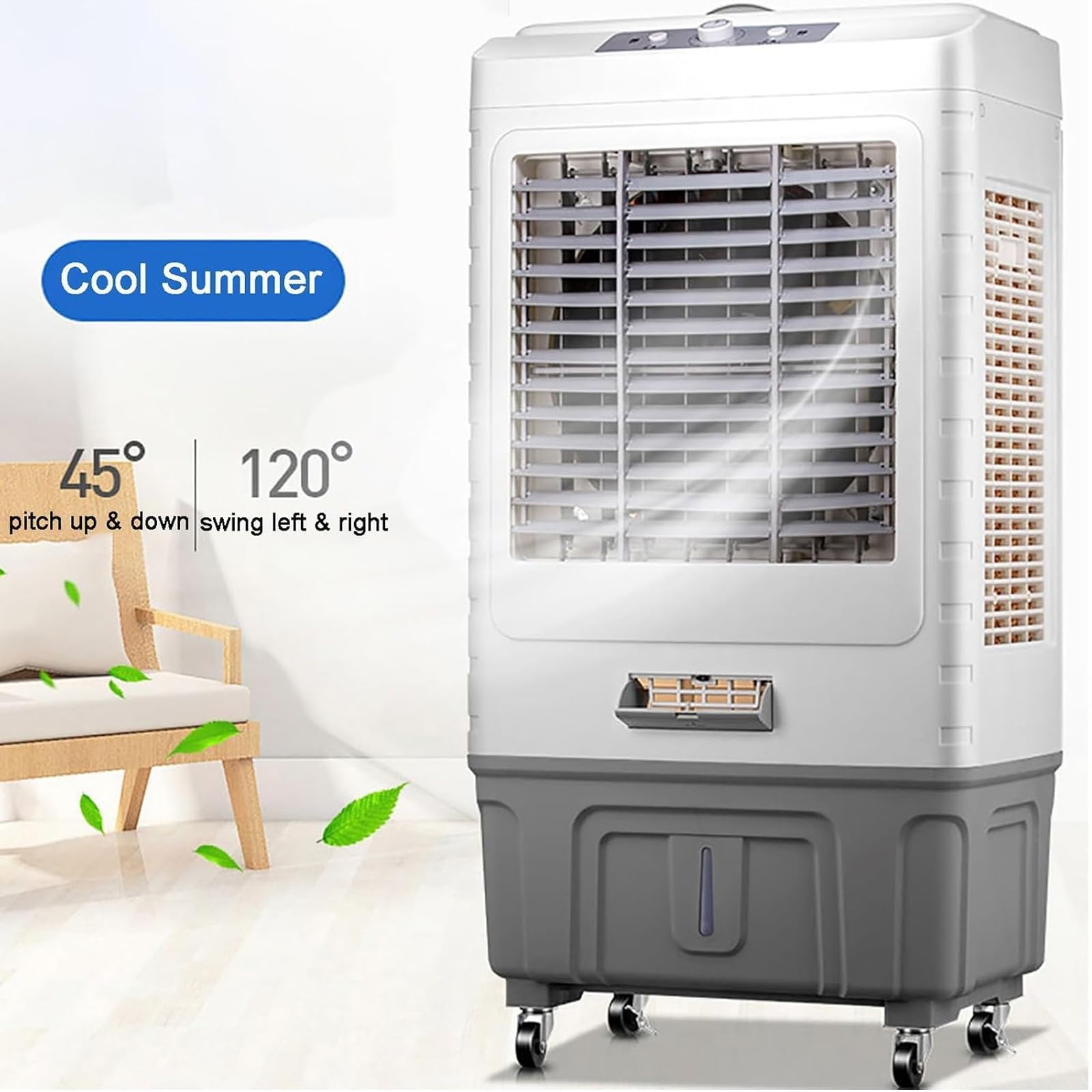 Raffrescatore Evaporativo Industriale con 4 Ruote Universali, Oscillazione a 120°, 3 Velocità, per Casa, Garage e Terrazze All'aperto(50x37x85cm)