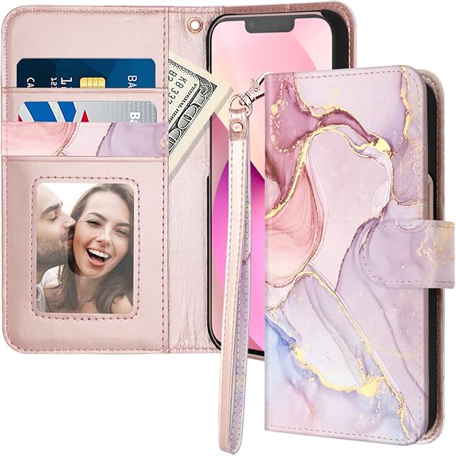 iPhone 13 Case,iPhone 13 Phone Case Wallet,Fingic Marble PU Leather Slim Girl Women Magnetic Closure Kickstand Military Shockproof PC Bumper Strap Holder Protective Flip Cover for iPhone 13,Rose Gold