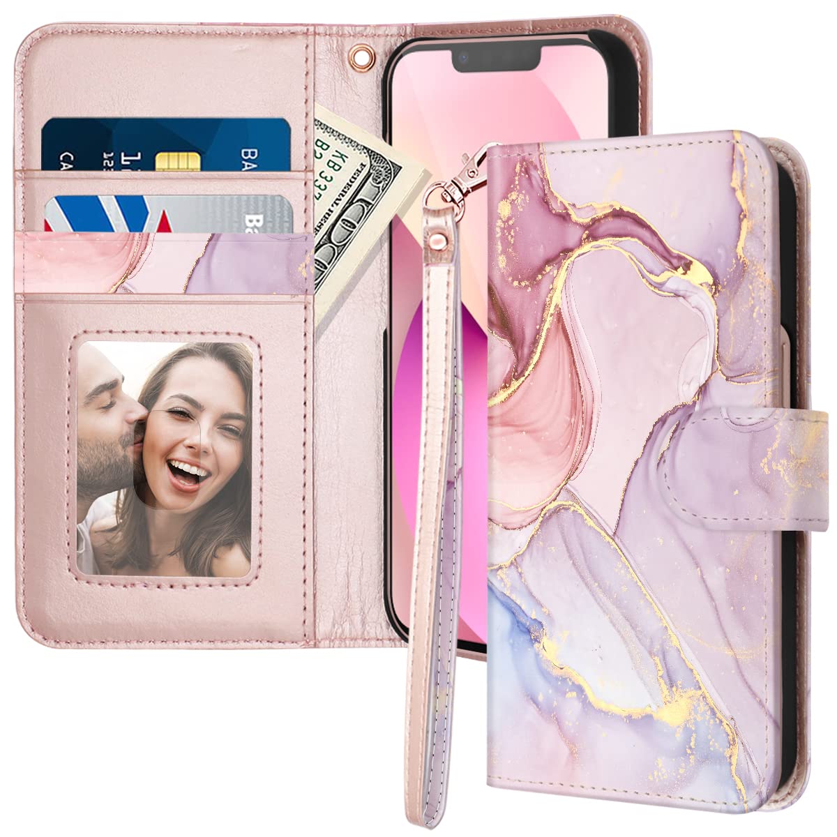 Fingic For IPhone 16e Case,iPhone 16e Wallet Case[with 3 Card Holder]Marble Rose Gold PU Leather Detachable Wrist Strap Slim Shockproof Protective - View #5