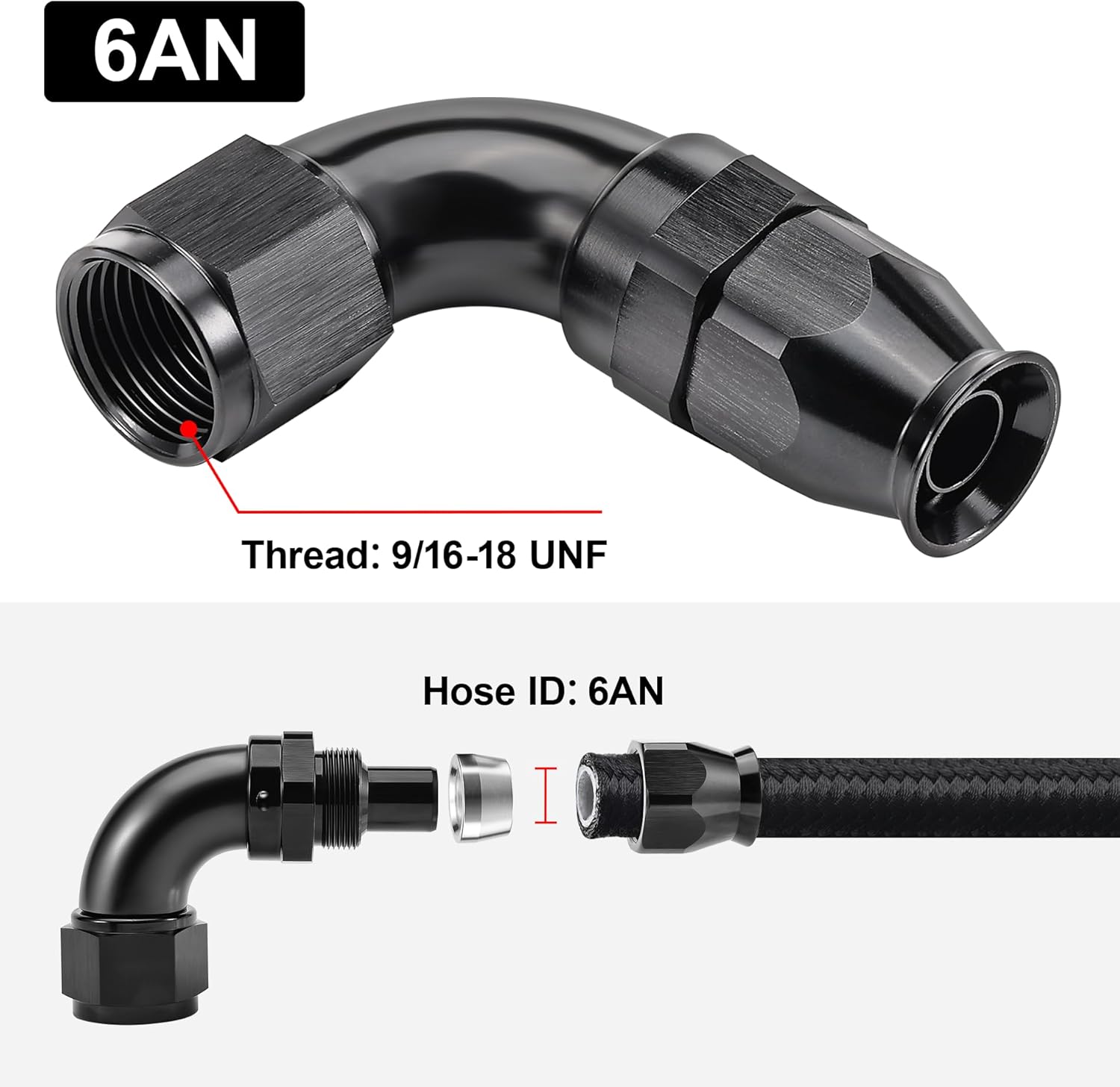 EVIL ENERGY 6AN 90 Degree PTFE One Piece Full Flow End Hose Fitting Aluminum Black 2PCS - Image 2
