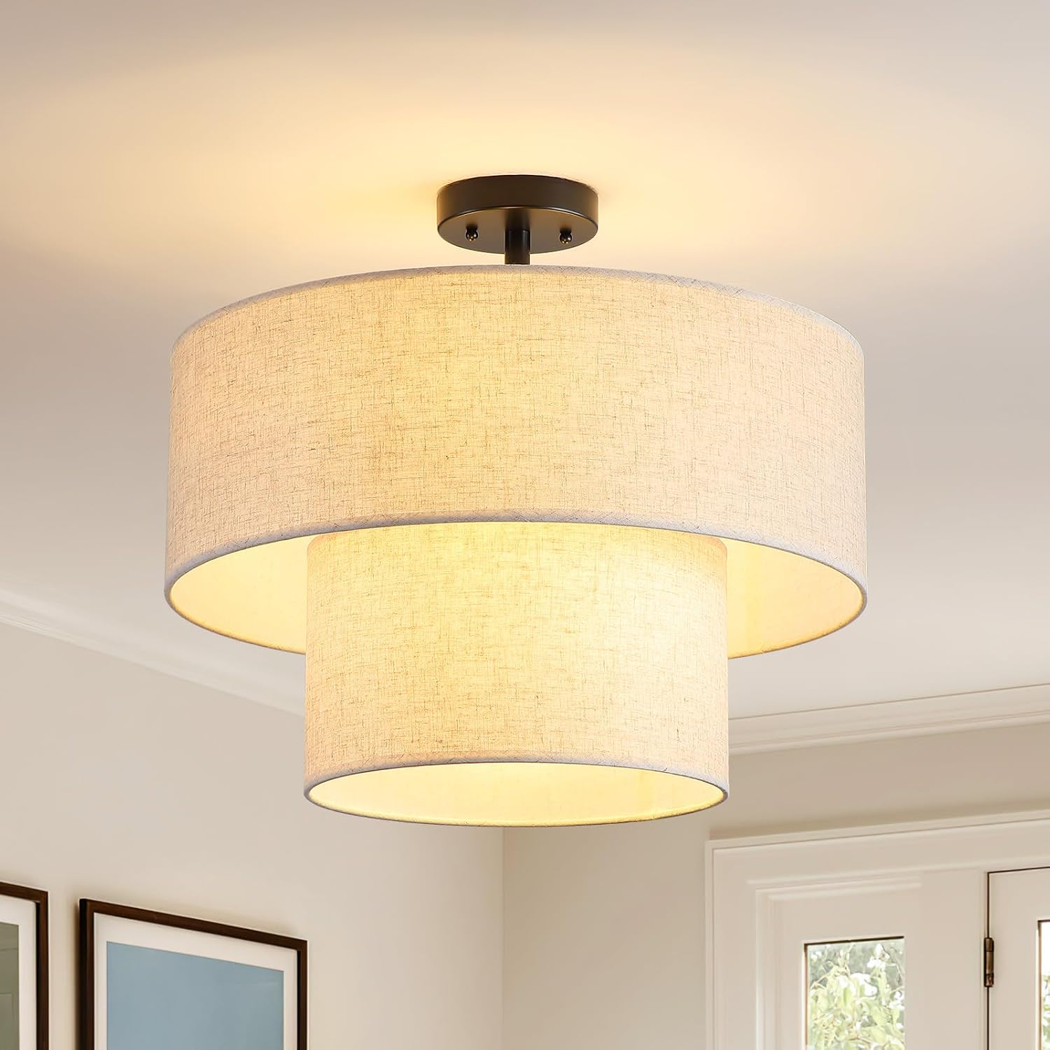 20" Double Drum Semi Flush Mount Ceiling Light Fixture with Fabric Linen Shade, 3-Light Black Ceiling Light, Classic Flush Mount Chandelier for Bedroom, Living Room, Dining Room, Hallway