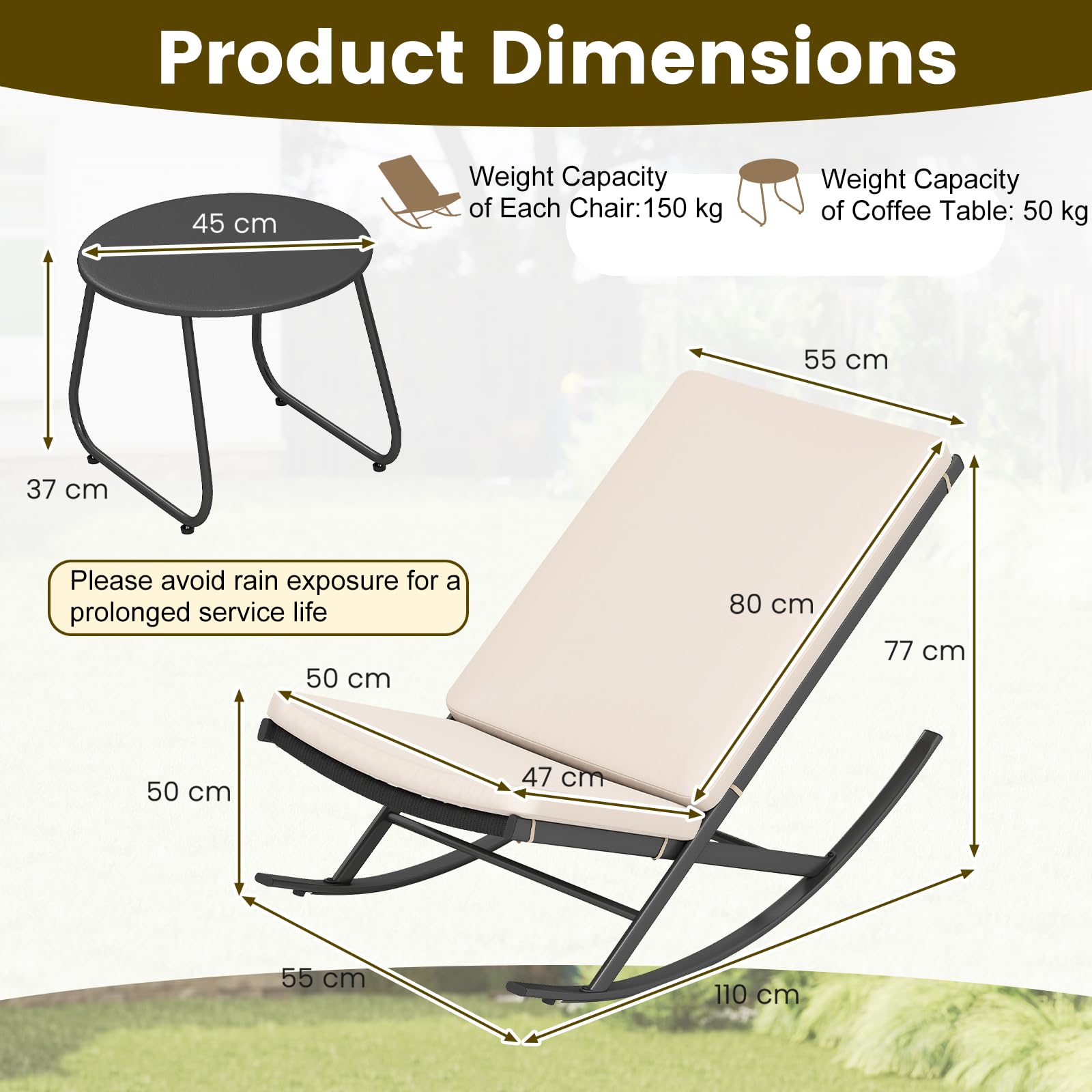 GIANTEX Set di Bistro 3 Pezzi, Sedie a Dondolo da Esterno in Rattan con Tavolino da Caffè, Set di Mobili da Conversazione per Veranda con Cuscini in Cotone per Giardino, Balcone, Bordo Piscina