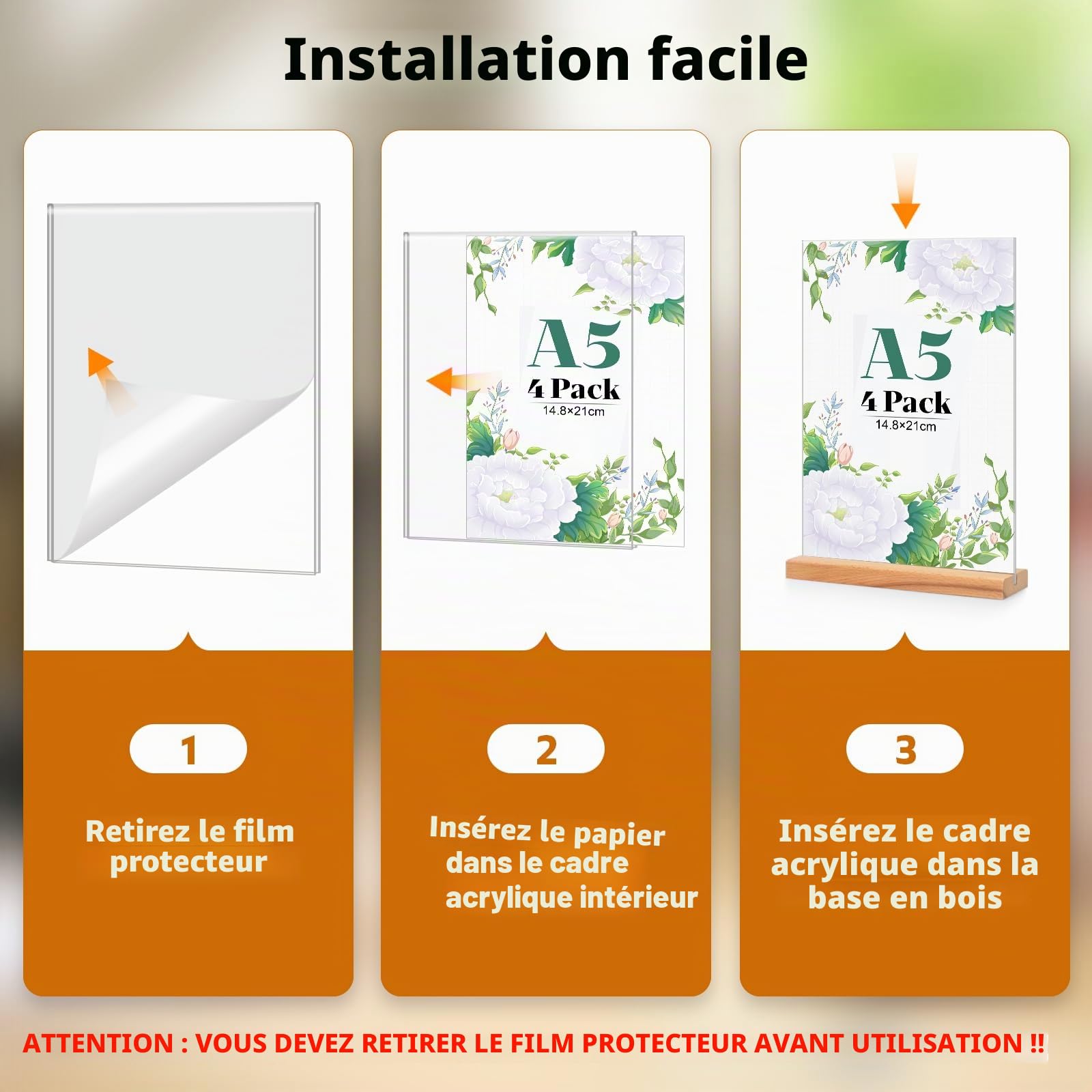 Lot de 4 Porte Affiche en Acrylique A5, Base en Bois T Forme Support Double Face Transparent, Cadre Photo en Plastique, Affichage de Menu Presentoir pour Réception, Bureau, Magasin, Restaurant, Hôtel