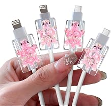 4 Pcs Cute Cable Protectors Compatible for Apple Cables, Charger End Cord Protector with 3D Glittery Turtle Design, Data Cable Protection Compatible with iPhone iPad USB Type-C/L, Pink