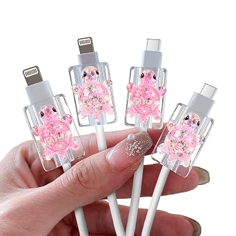 CameCosy 4 Pcs Cute Cable Protectors Compatible for Apple Cables, Charger End Cord Protector with 3D Sparkling Turtle Design, Data Line Cable Protection Compatible with iPhone iPad USB Type-C/L, Pink