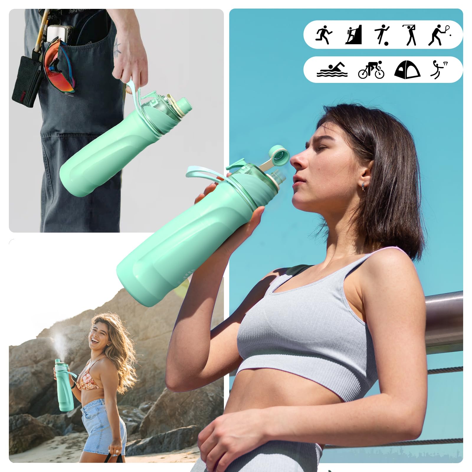 magcheer 710ml Gourde Brumisateur Isotherme Gourde Inox Spray Bouteille Sport avec Brumisateur Intégré pour le Vélo, la Randonnée, le Sport, l'Hydratation et le Refroidissemen(Vert menthe)