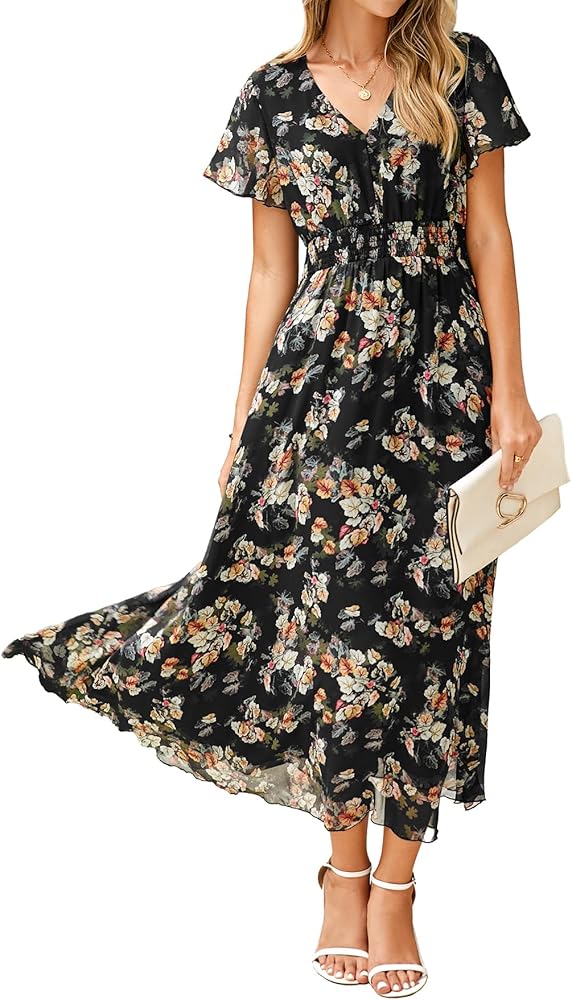Simplee Womens Floral Maxi Dress - Short Sleeve Summer Boho Wedding Guest  Dress Empire Waist Chiffon Modest Midi Dresses Black,S at Amazon Women's  Clothing store