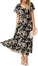 Simplee Womens Floral Maxi Dress Short Sleeve Summer Boho Wedding Guest Dress Empire Waist Chiffon Modest Midi Dresses