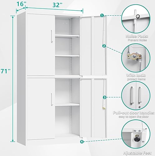 Miniatura 3 de Metal Storage Cabinet with 3 Adjustable Shelves,White Storage Cabinet with Lock,71" Lockable Metal Cabinets with Locking Doors,Tall Steel Pantry