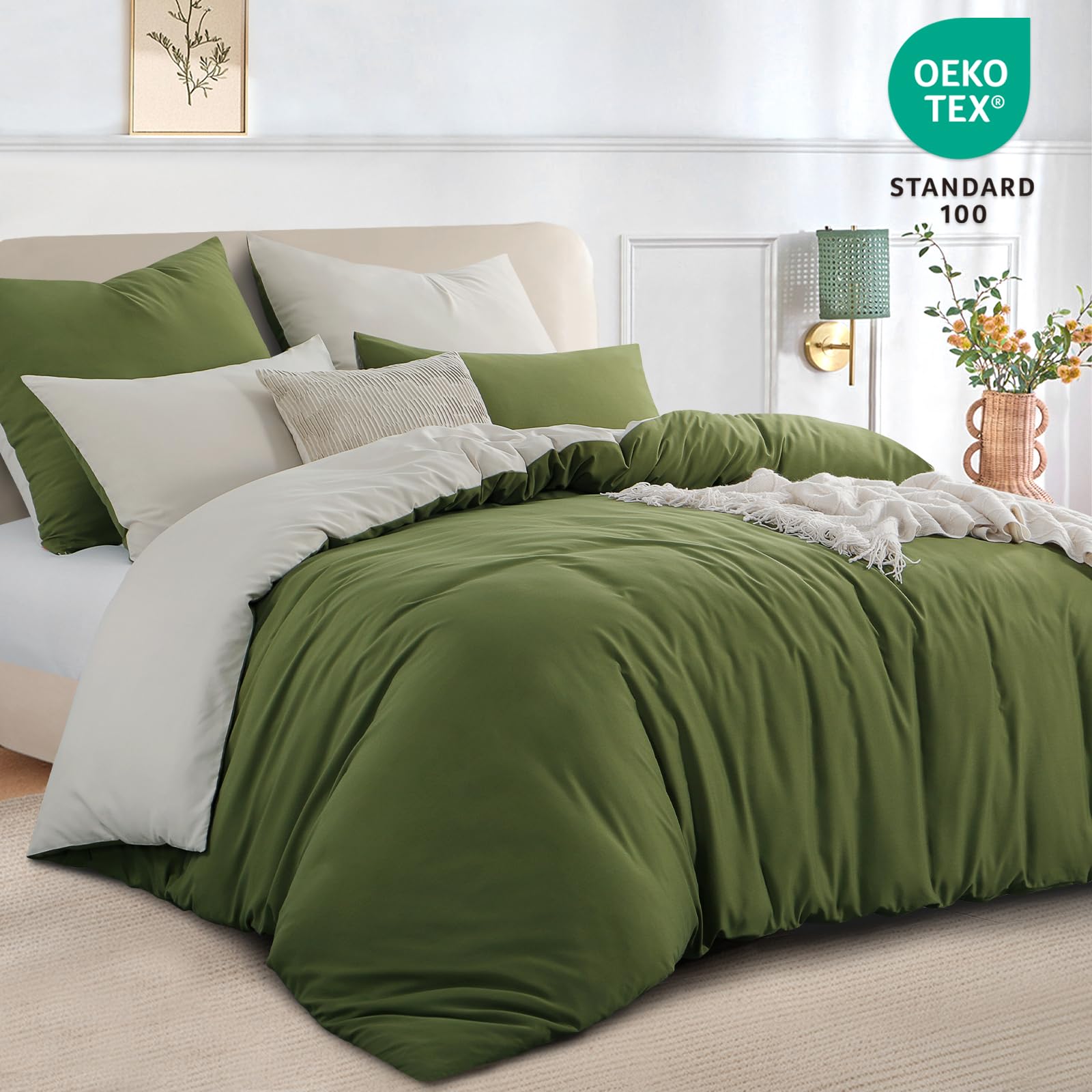 RUIKASI Olive King Size Duvet Cover Sets Beige, Reversible Green Duvet Cover Kingsize Bedding Set including Zip - Image 3