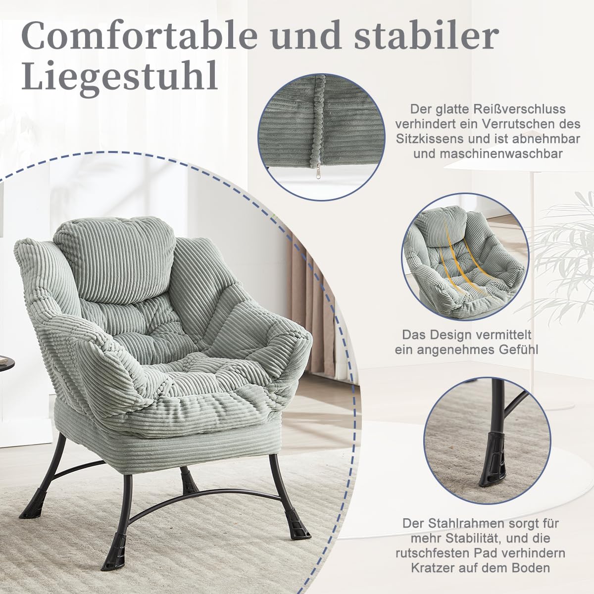 Ohrensessel mit Hocker, Lazy Chair mit Ottoman, Relaxsessel mit Armlehnen, Moderner Loungestuhl mit Fußstütze und Seitentasche im Wohnzimmer Lesesessel, Cord Hellgrau