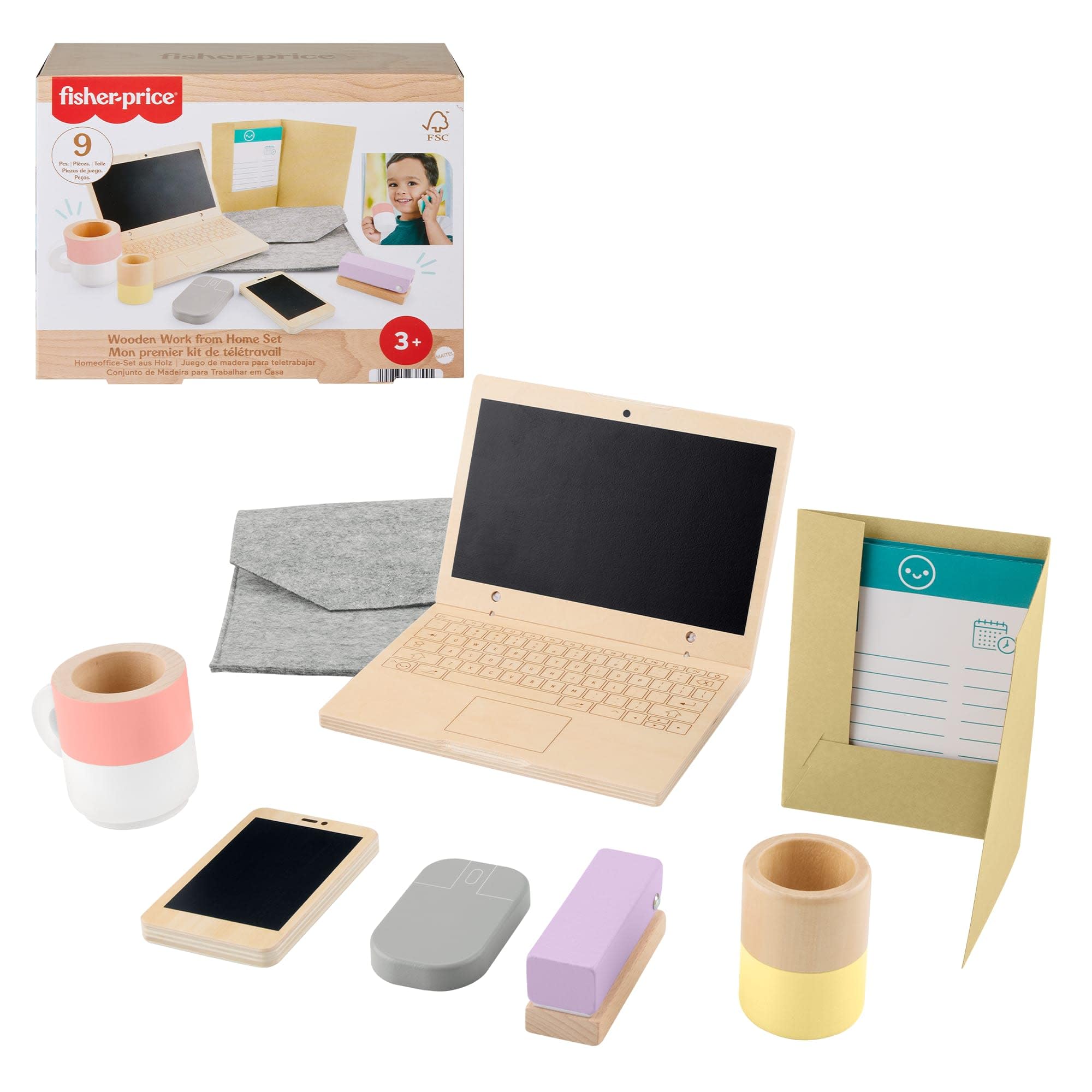 Fisher-Price Domowe biuro malucha Zestaw drewnianych zabawek z 9 elementami, w tym zabawka laptop i zabawka komórka do zabawy w naśladowanie dla dzieci od 3 roku życia, HXV11