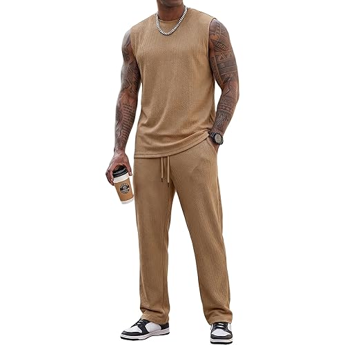 JMIERR Men Fashion 2 Piece Set Casual Muscle Tank Baggy Pants Stretch Textured Beach Street HipHop Sleeveless Shirts