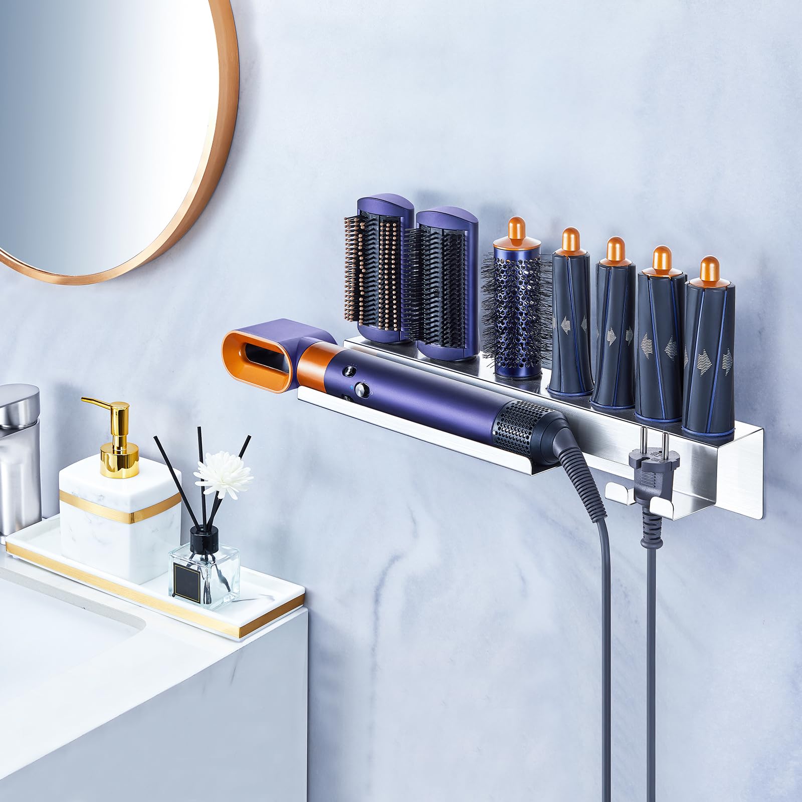 Wandhalterung Halter für 7 In 1 Styler Lockenstab Zubehör, Glätteisen Halterung, Föhnhalter Wand Ohne Bohren, Halterung für Föhn und Glätteisen Aufbewahrung, Lockenstab Halterung Fönhalter für Bad