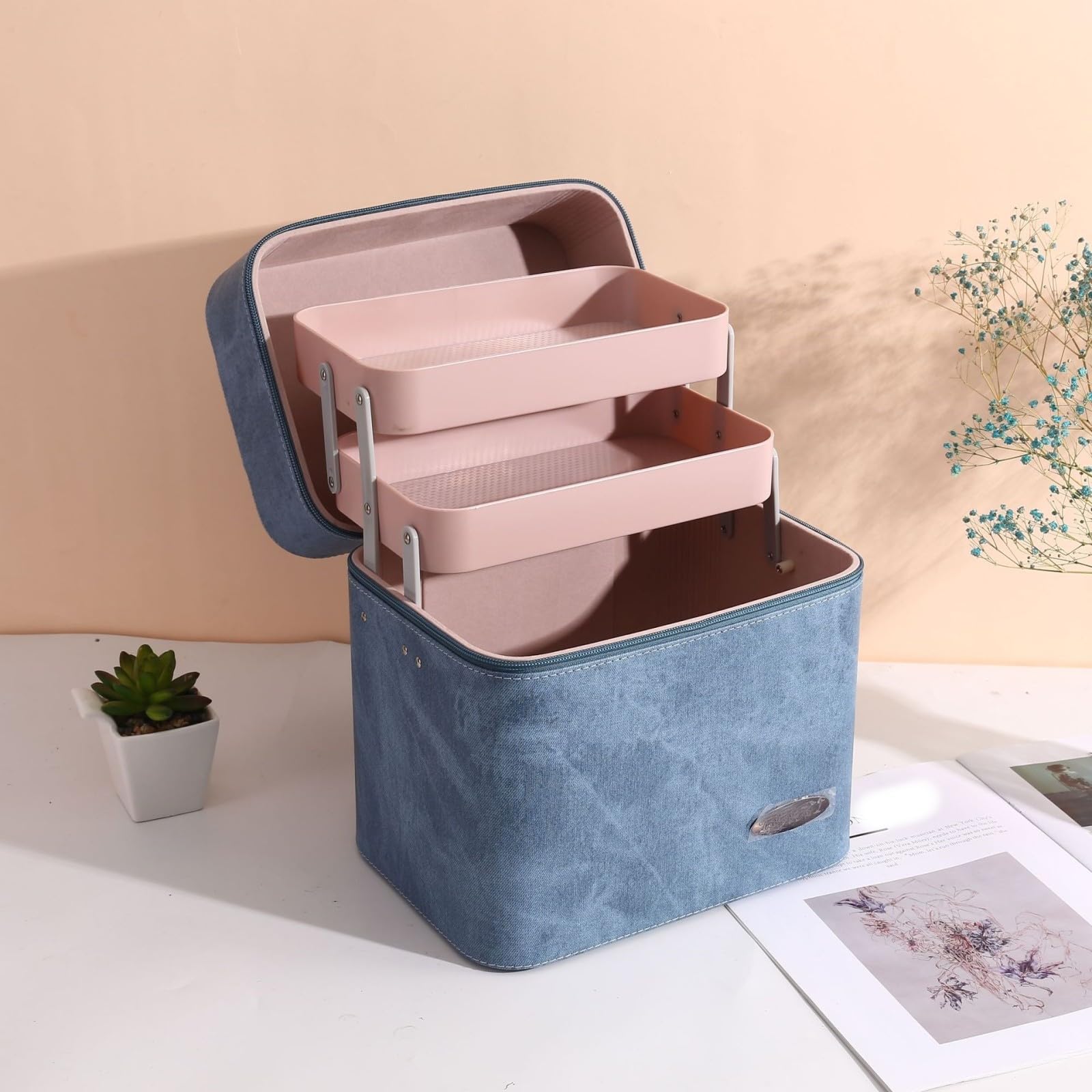 HJDMO - Astuccio per trucchi in poliuretano, con texture in denim, grande capacità, per donne, con specchio e vassoio, per la casa, 805-1 Nero, Classico