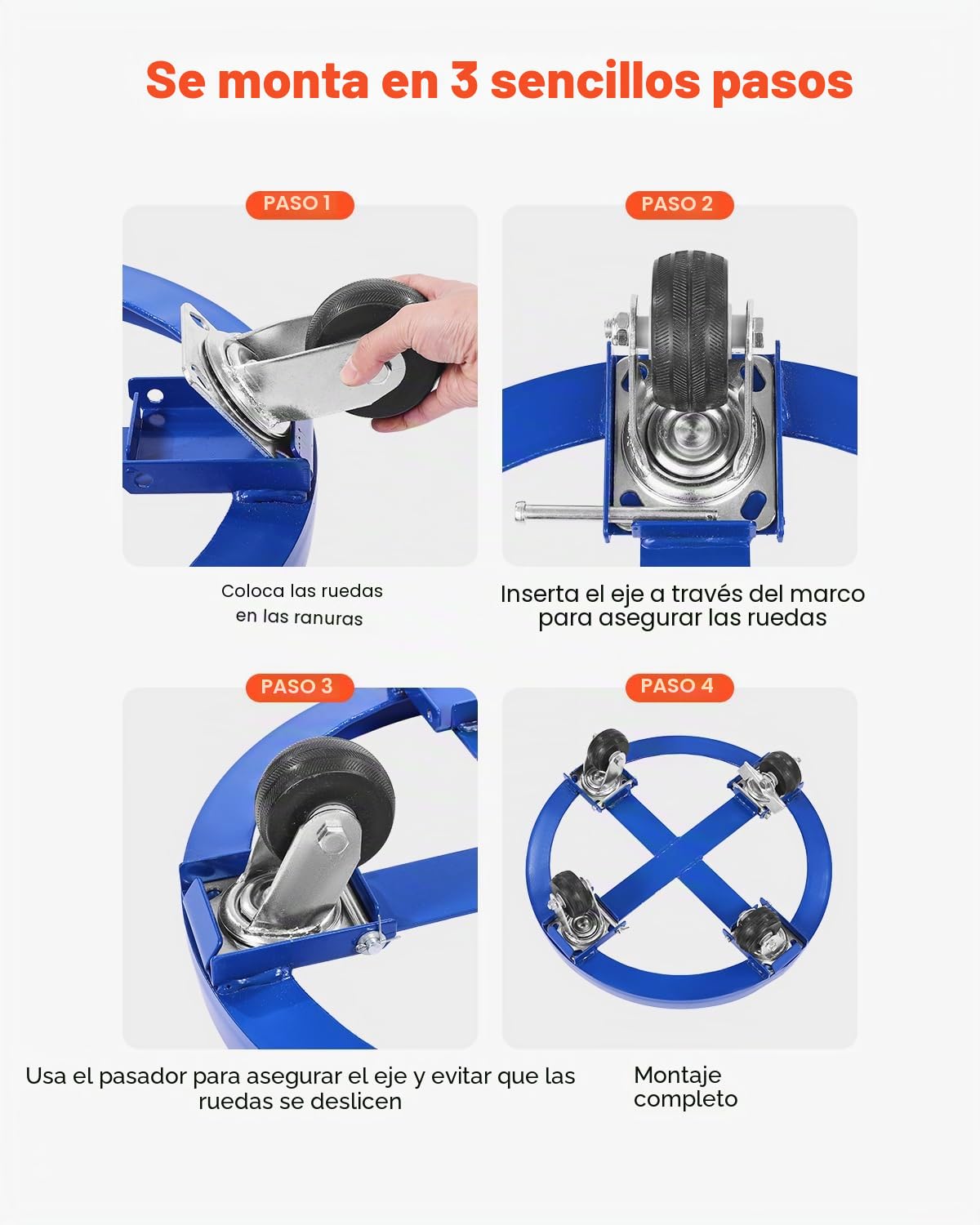 VEVOR Plataforma Rodante para Bidones 615 x 615 x 188 mm con Tirantes Transversales y 4 Ruedas Giratorias, Capacidad de 907 kg, Plataforma Rodante Antivuelco para Manipulación de Almacén, Azul