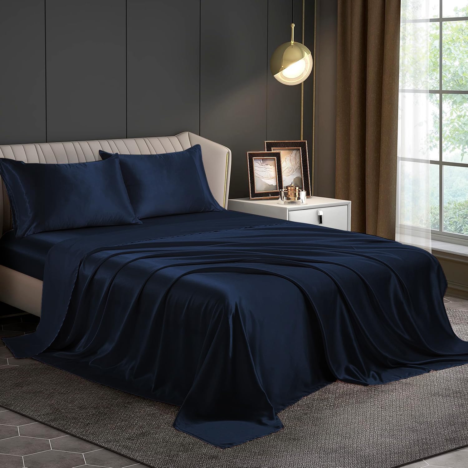 Satin Bedsheet for Double Bed King Size 115 TC with 2 Pillow Covers, Modern Bed Sheet Double Bed for Romantic Nights (100x108 inches, Navy)-image-6