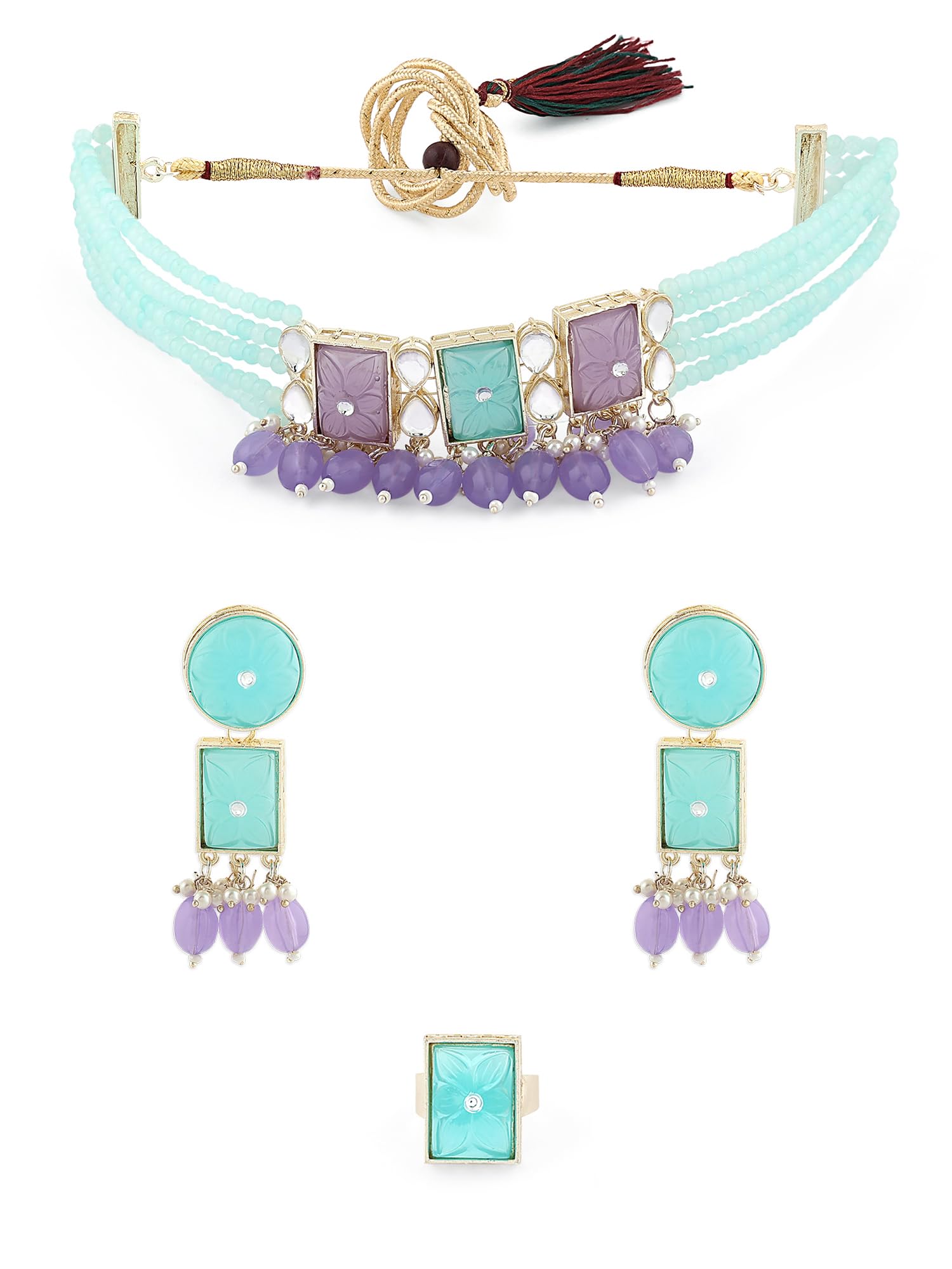 ZAVERI PEARLS Purple Turquoise Blue Beaded Multistrand Choker Necklace Earring & Ring Set For Women-ZPFK16248 (B0CFR7QX7S) Amazon Price History, Amazon Price Tracker