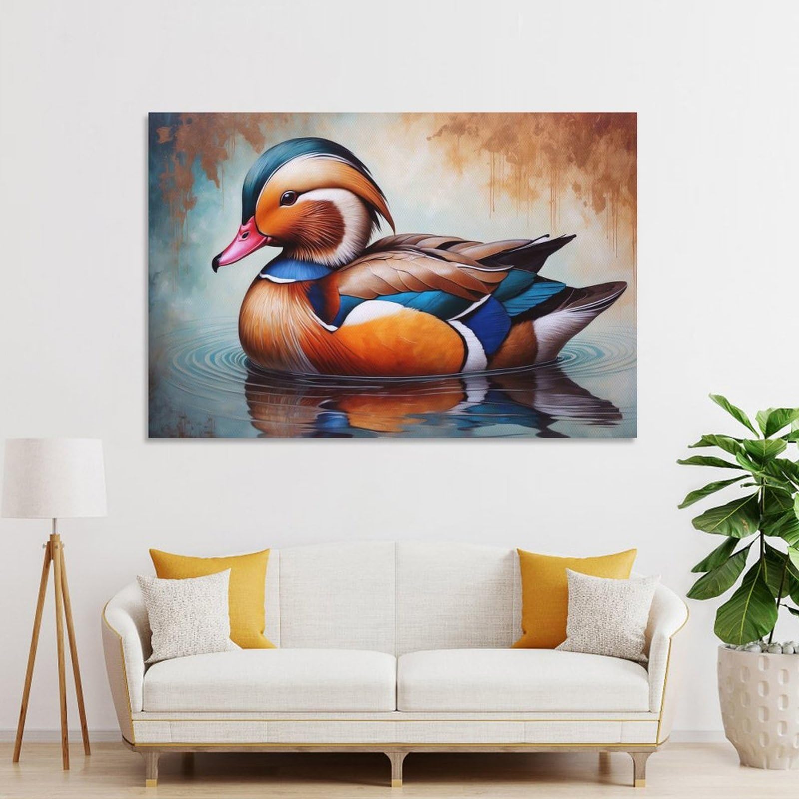 Junmoney Mandarin Duck in Water Painting Canvas Art Print 20x30inch(50x75cm), for Work Areas, Reading Rooms Or Studios, Canvas Wall Decor for Creative Rooms