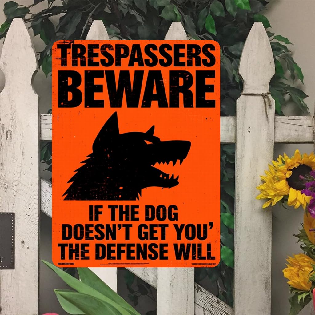 Trespassers Beware Dog Gun Tin Sign, 8x12 Inch Decor
