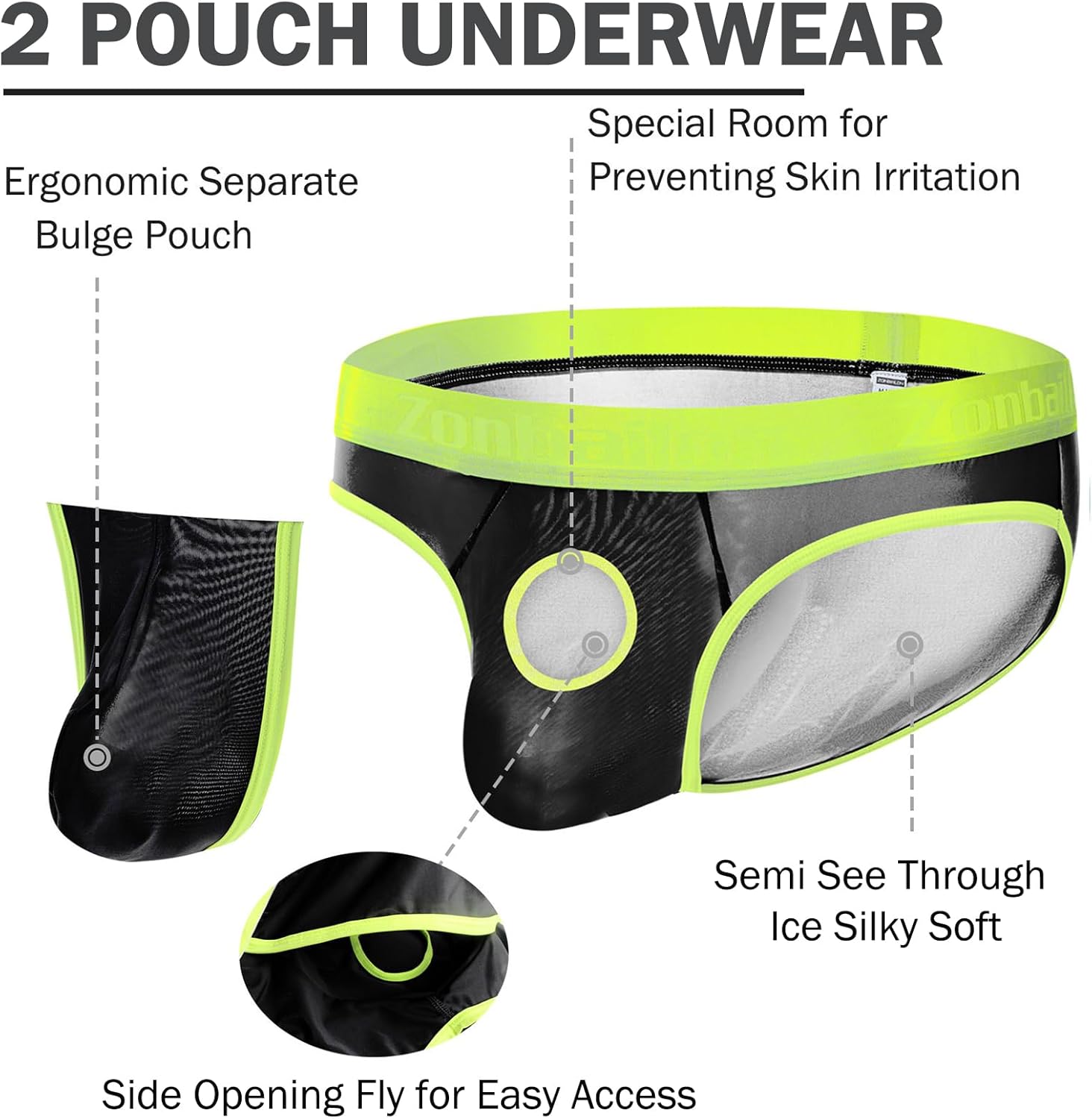 ZONBAILON Men's Briefs Dual Pouch Ice Silk Underwear Open-fly Breathable Sexy Panties - Image 2