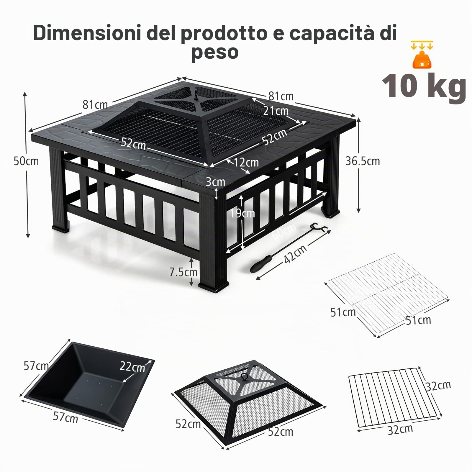 RELAX4LIFE Braciere Quadrato da Giardino in Ferro, Braciere e Coperchio Parascintille a Rete con Attizzatoio Lungo, Bordo Largo Portaoggetti, Braciere da Esterno Multiuso per Riscaldamento e Barbecue