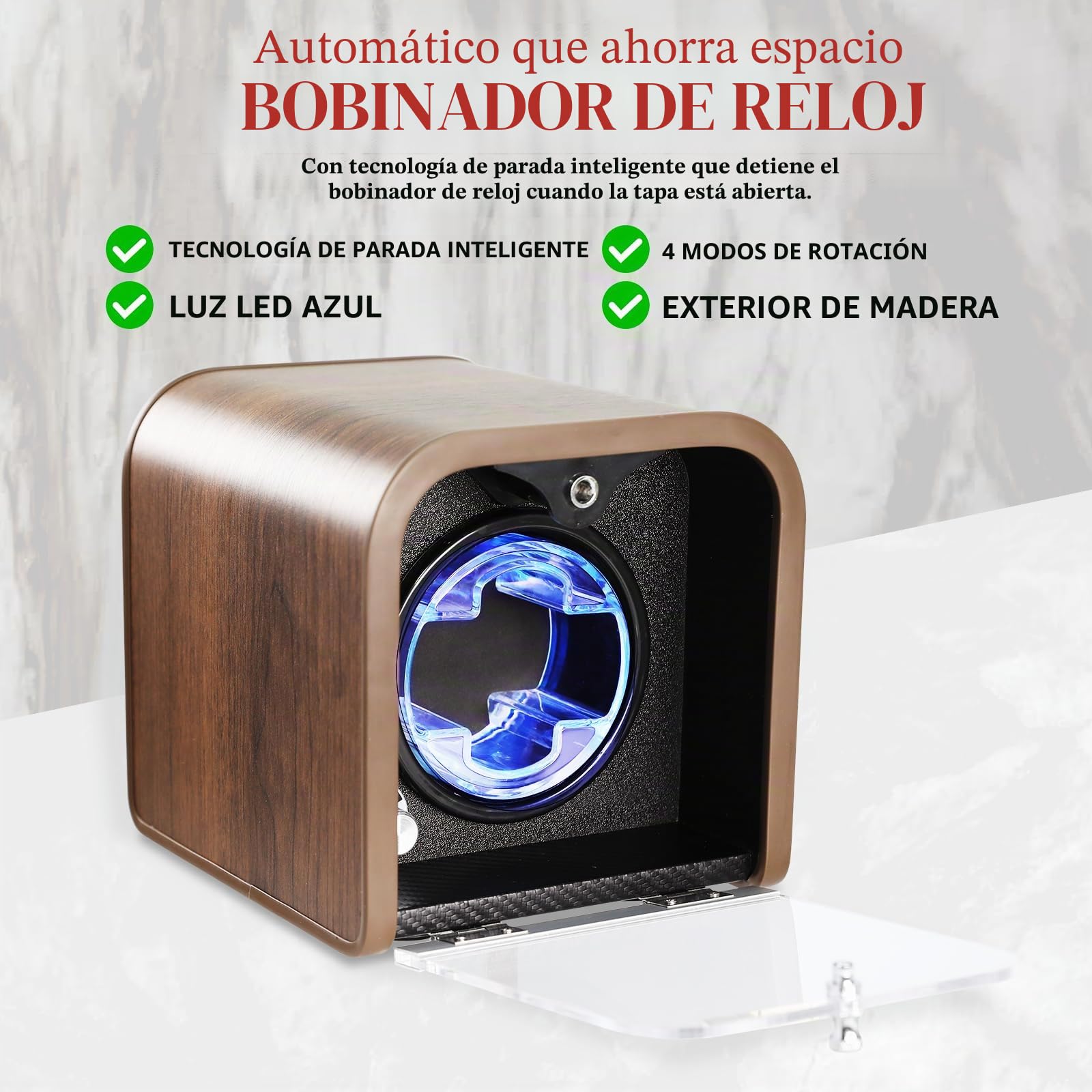Enrollador Automático para Relojes, Enrollador Individual con 4 Modos de Rotación/Luz LED Azul/Tecnología Smart Stop/Almohadilla de Espuma/Motor Silencioso/Vitrina de Madera para Relojes Automáticos