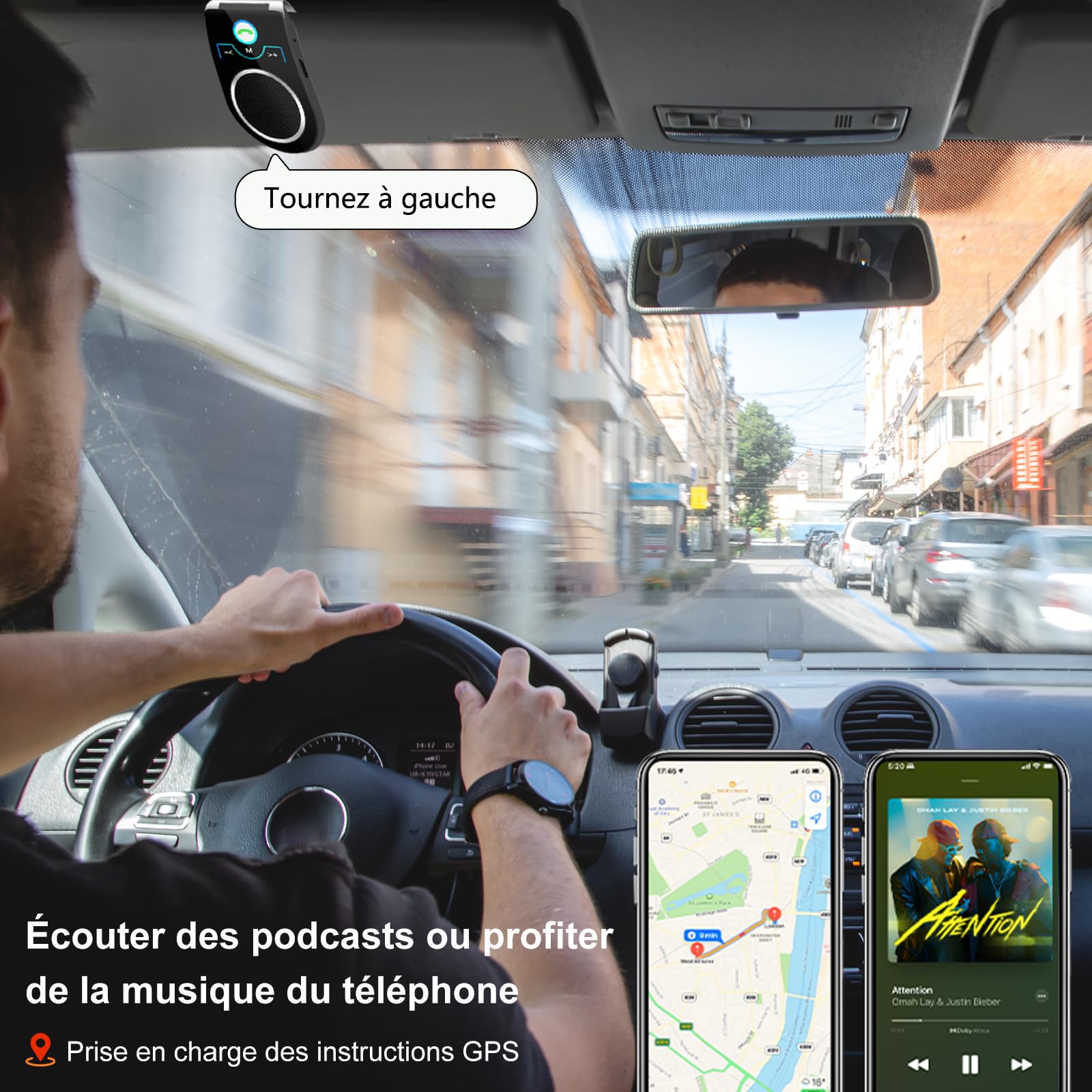 Kit Mains Libres pour Voiture Bluetooth 5.0, Haut-Parleur sans Fil Micro Intégré Support du GPS, Musique, Réduction de Bruit,Supporte Siri/Google Assistant, Connexion de 2 Téléphones Simultanément