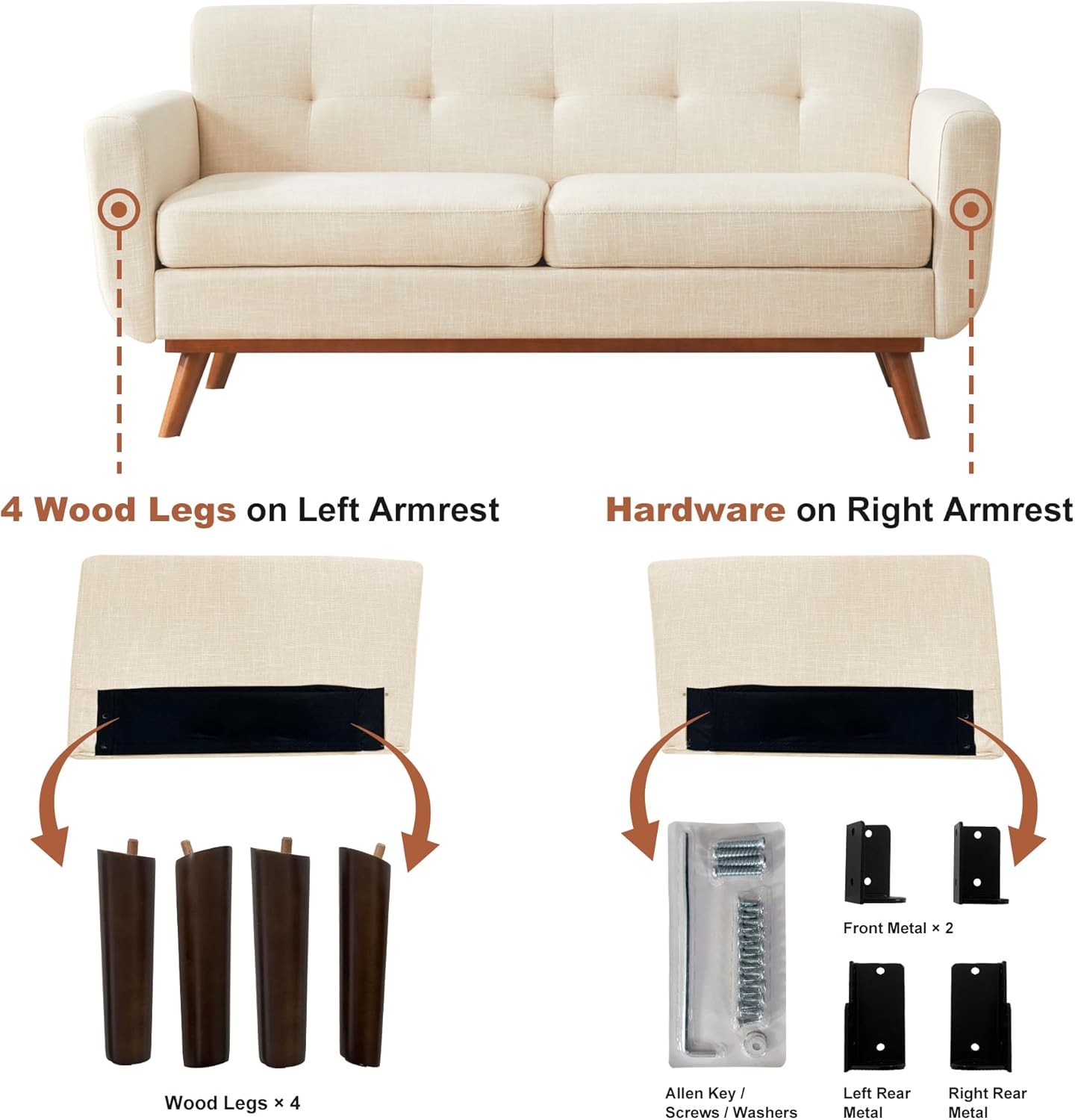 Kingfun 65.2" W Loveseat Sofa, Mid Century Modern Decor Love Seat Couches for Living Room, Button Tufted Upholstered Furniture, Solid & Easy to Install Small Couch for Bedroom Office Apartment, Beige Beige Loveseat