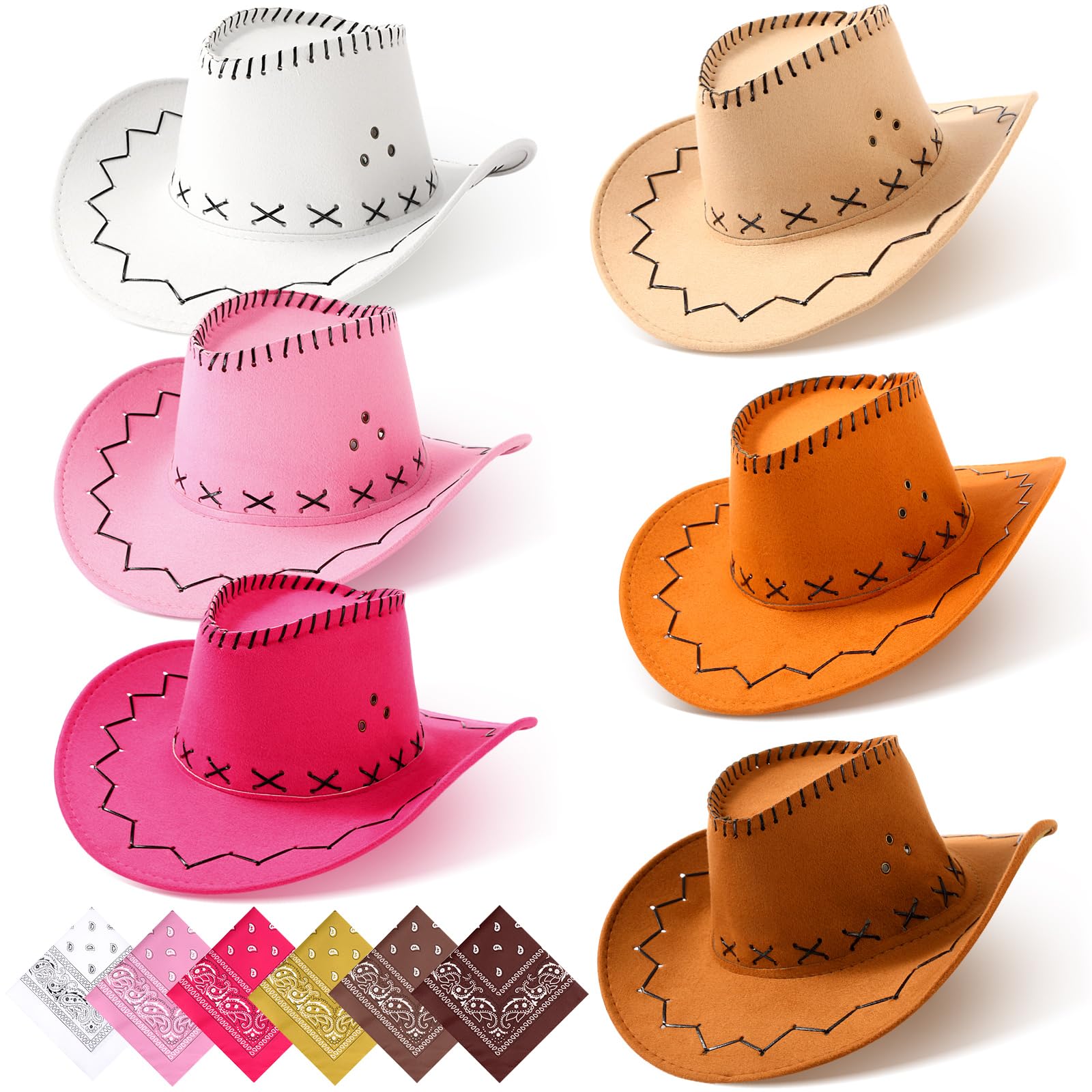 Zhanmai 12 Pcs Cowboy Hats Bulk, 6 Hats with 6 Bandanas