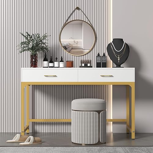 Miniatura 6 de WESTREE Escritorio de maquillaje para mujer con 2 cajones, escritorio de oficina en casa, soporte de madera para monitor de altura y estante de