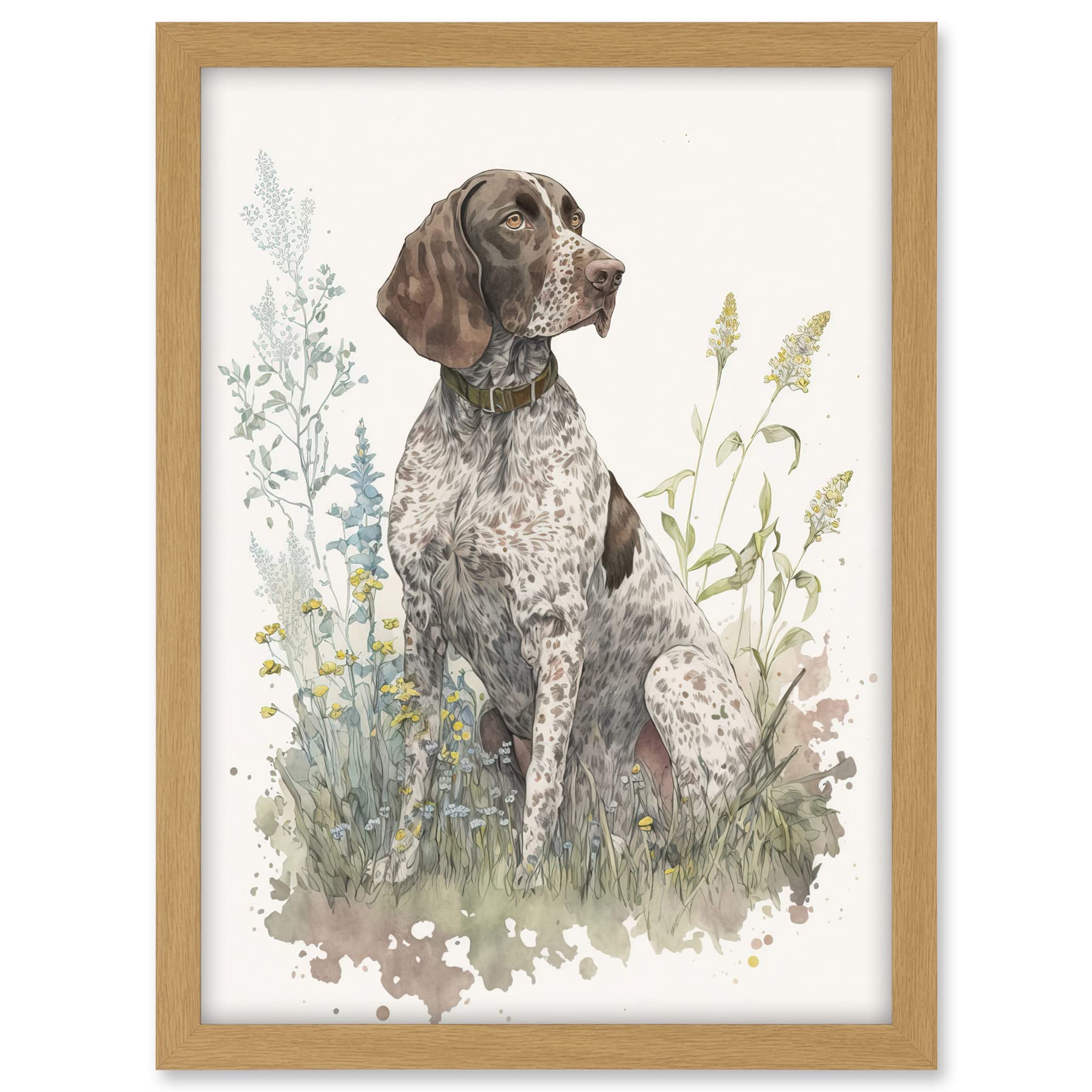Artery8 German Pointer Dog Sitting in Field Modern Detailed Pastel Watercolour Illustration Artwork Framed A3 Wall Art Print
