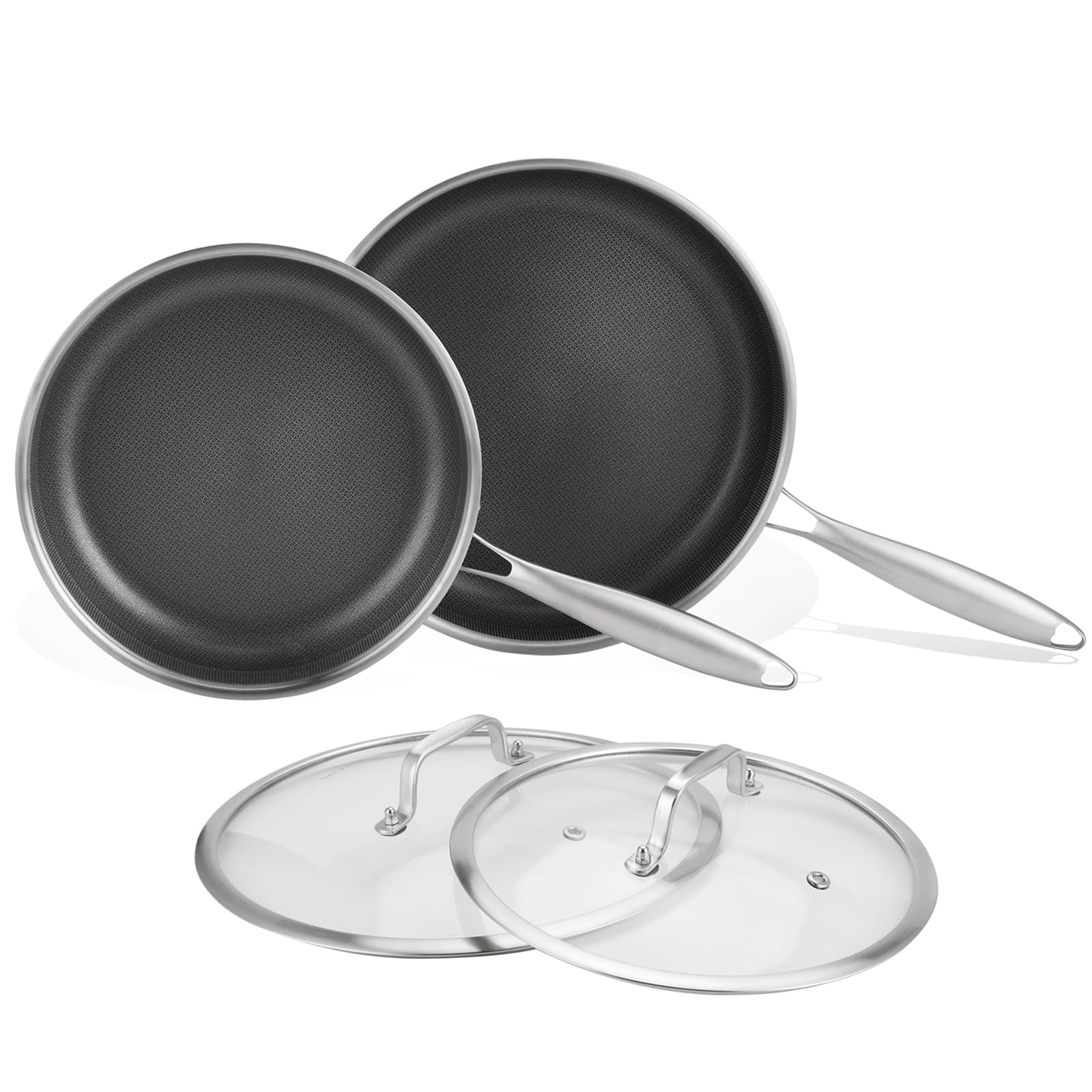 DELARLO Tri-Ply Stainless Steel 8" & 10" Frying Pan Set With Lid, Nonstick, Oven & Induction Safe, 3-Piece Set