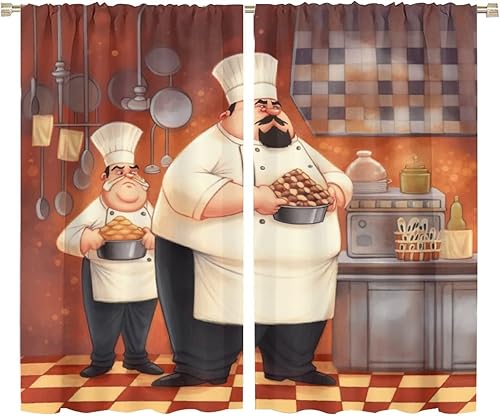Miniatura 26 de Cortina de decoración de cocina de chef, retro gourmet de dibujos animados, chef gordo de cocina, patrón de comida gourmet, decoración del hogar,