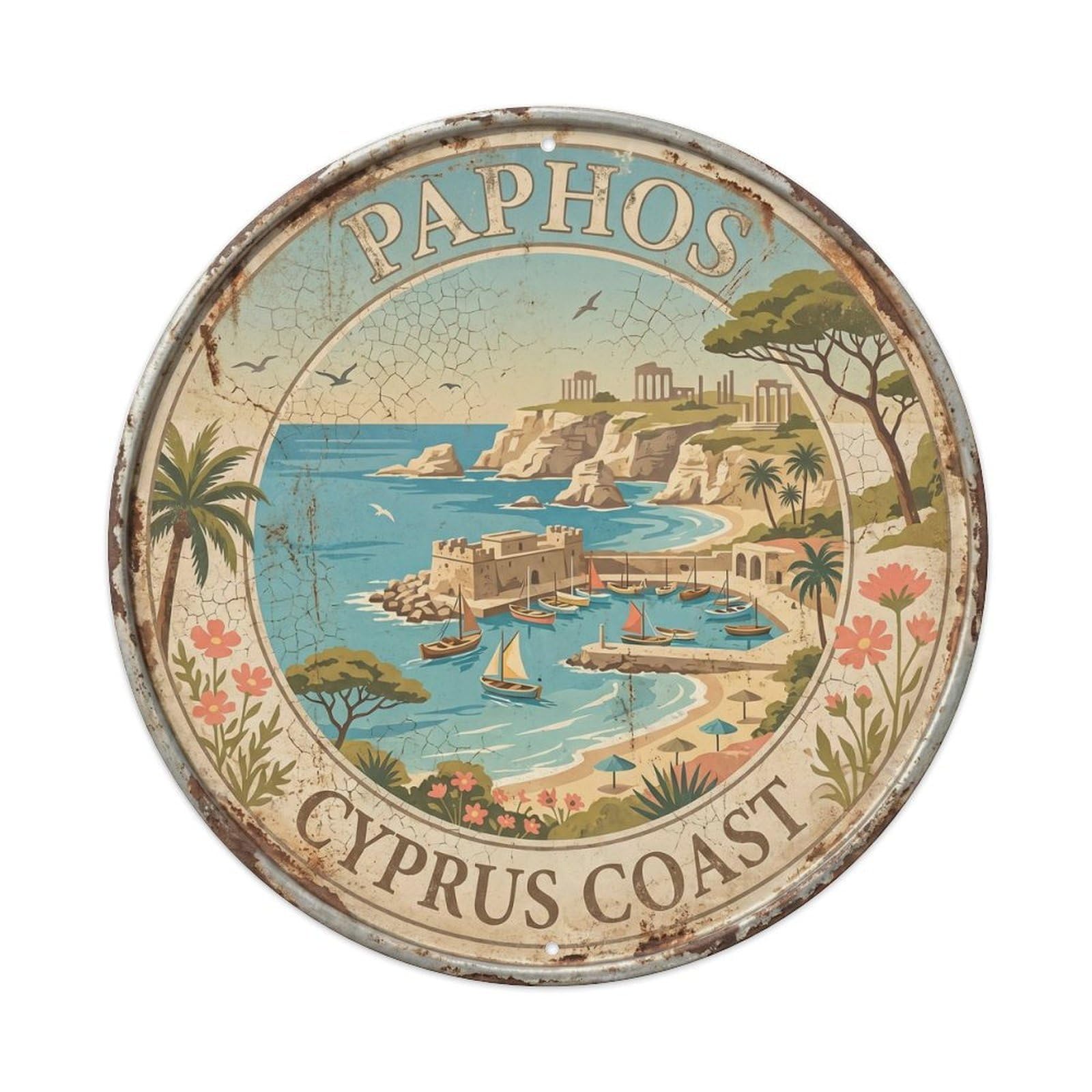 Vintage Travel Paphos Coastal Cyprus Metal Tin Sign