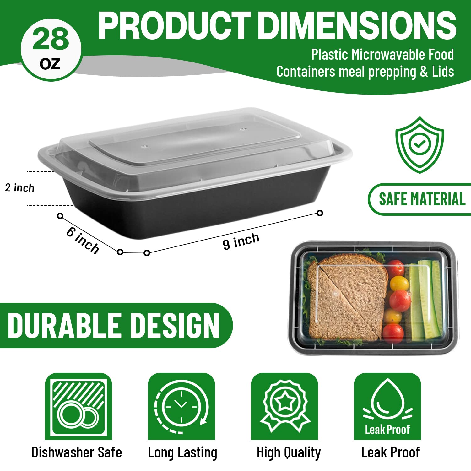 Contenitori per alimenti con coperchi, scatole Bento, contenitori per alimenti (88 once, nero, 50 pezzi, in plastica)