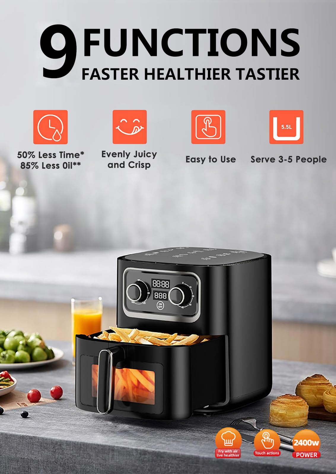 COYOUCO Friggitrice Ad Aria 8 Litri 1400W Antiaderente 9 Programmi Preimpostati - Cottura Senza Olio - Timer Temperatura 60 Minuti - Cestelli Lavabili in Lavastoviglie