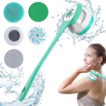 Electric Body Brush Bath Brush Back Brush with 5 Attachments Back Brush with Long Handle IP67 Waterproof 3 Speed Spin Cleaning Brush for Spa Shower Exfoliating Massage Brush Green