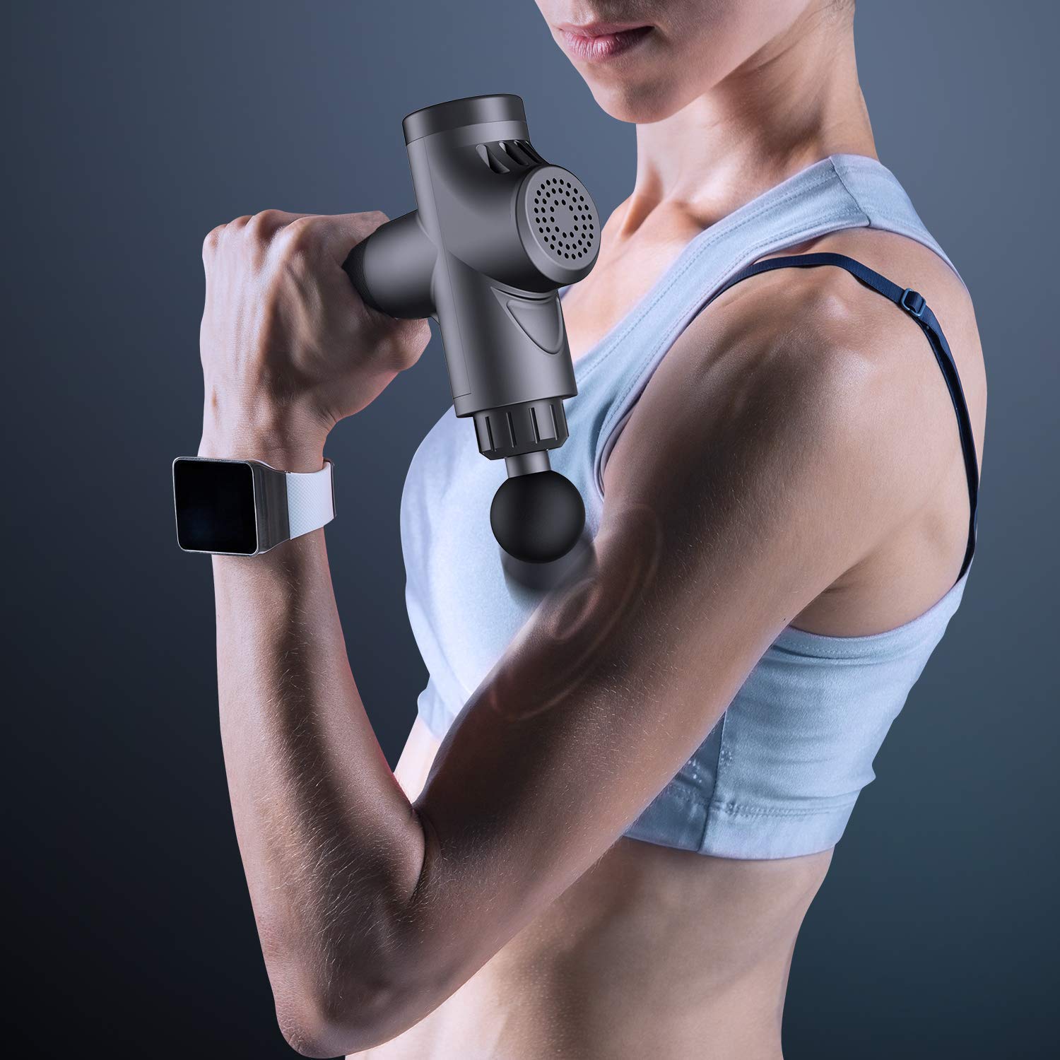 Pistola Massaggio Muscolare, 20 Velocità Gun Massagggiatore Portatile Elettico per Muscoli Super Silenzioso con 6 Testine Massaggianti Nero Blu o Silver