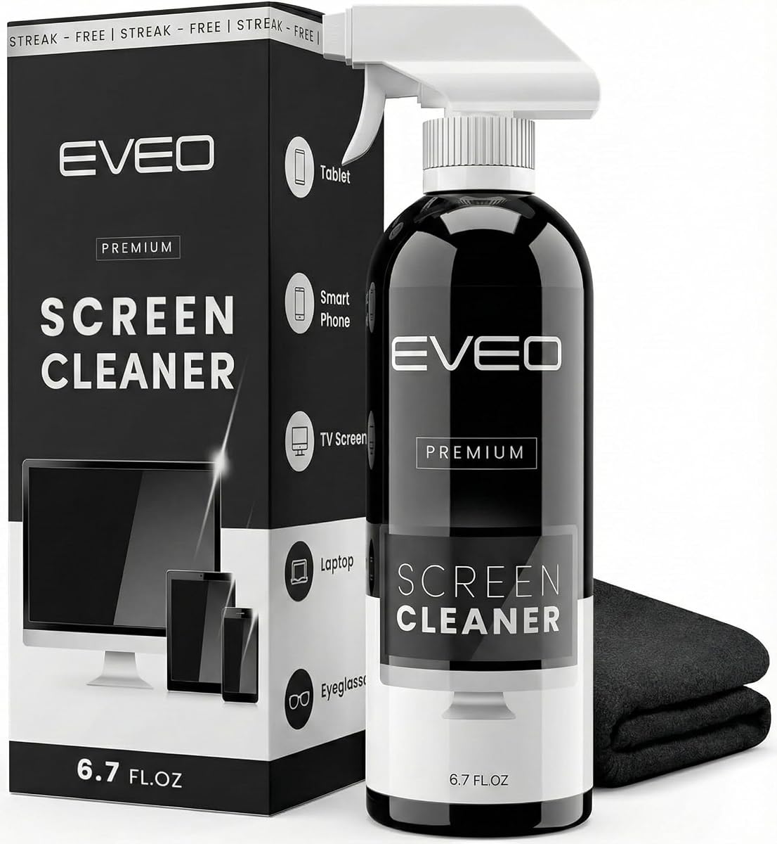 EVEO® Screen Cleaner Spray Kit (Streak-Free) TV Screen Cleaner for Smart TV, LCD, LED, OLED | Computer Spray and Wipe Microfiber Cloth for Monitor, Laptop, iPad, Car & More - 1 Pack