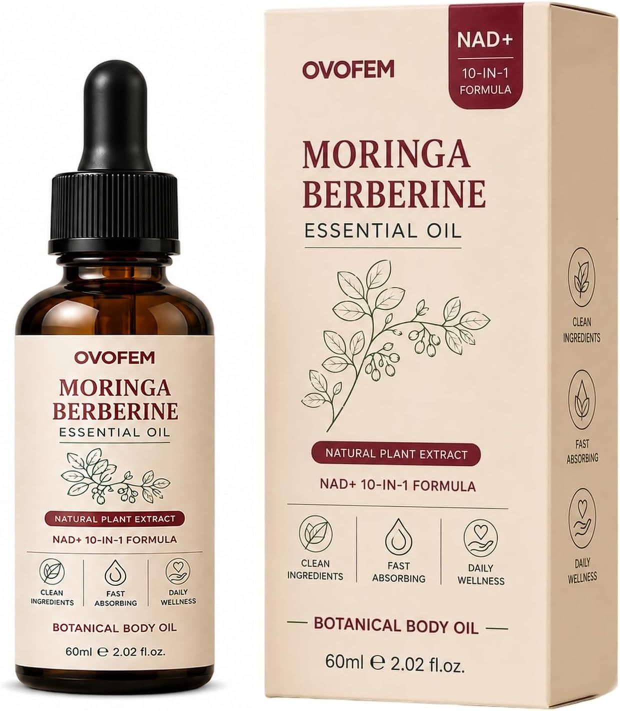 Ovofem Moringa Berberine Essential Oil, NAD+ 10-in-1 Botanical Body Massage Oil, Nourish and Smooth Skin, Fast-Absorbing Non-Greasy Formula, Daily Body Care Support, 2 fl oz