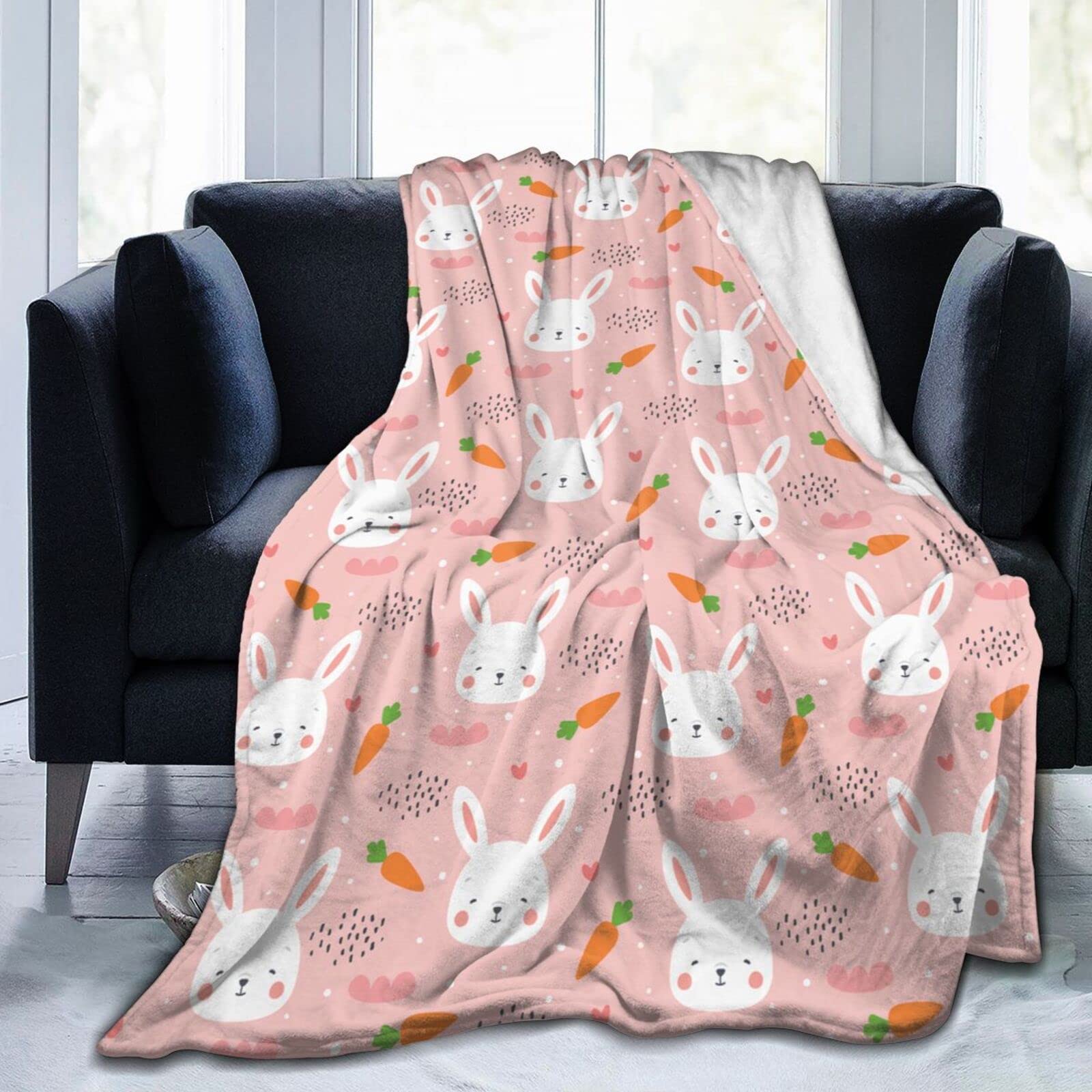 Lsjuee Rabbit and Carrots Throw Blanket Soft Warm Cozy Lightweight Blankets Cute Easter Bunny Flannel Blanket for Sofa Couch Bed Office Holiday Decorative 50"X40"