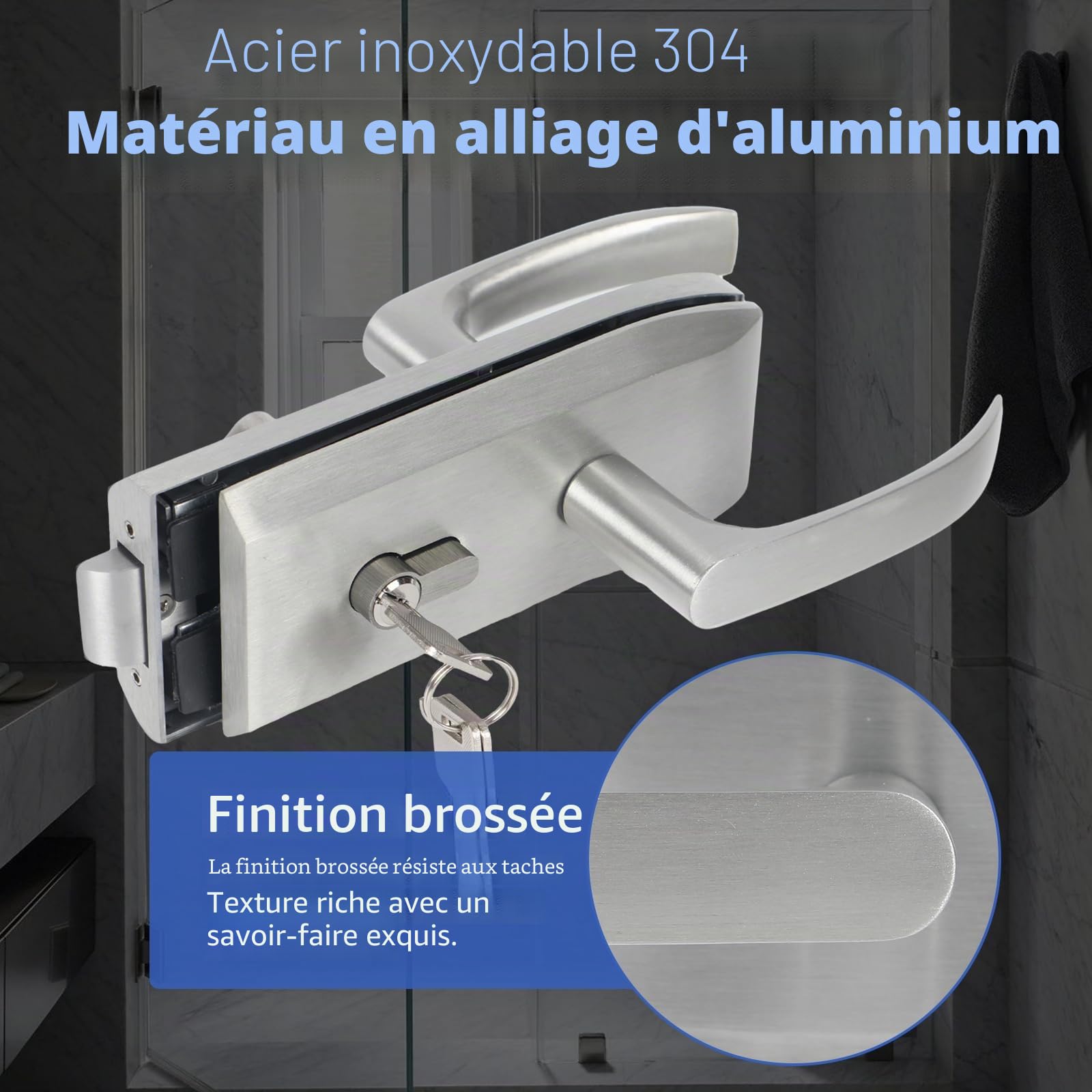 Serrure de porte en verre en acier inoxydable, poignée de porte avec 3 clés, poignée de porte en acier inoxydable mat avec encoche pour verre, bureau, salle de bain, chambre à coucher, balcon