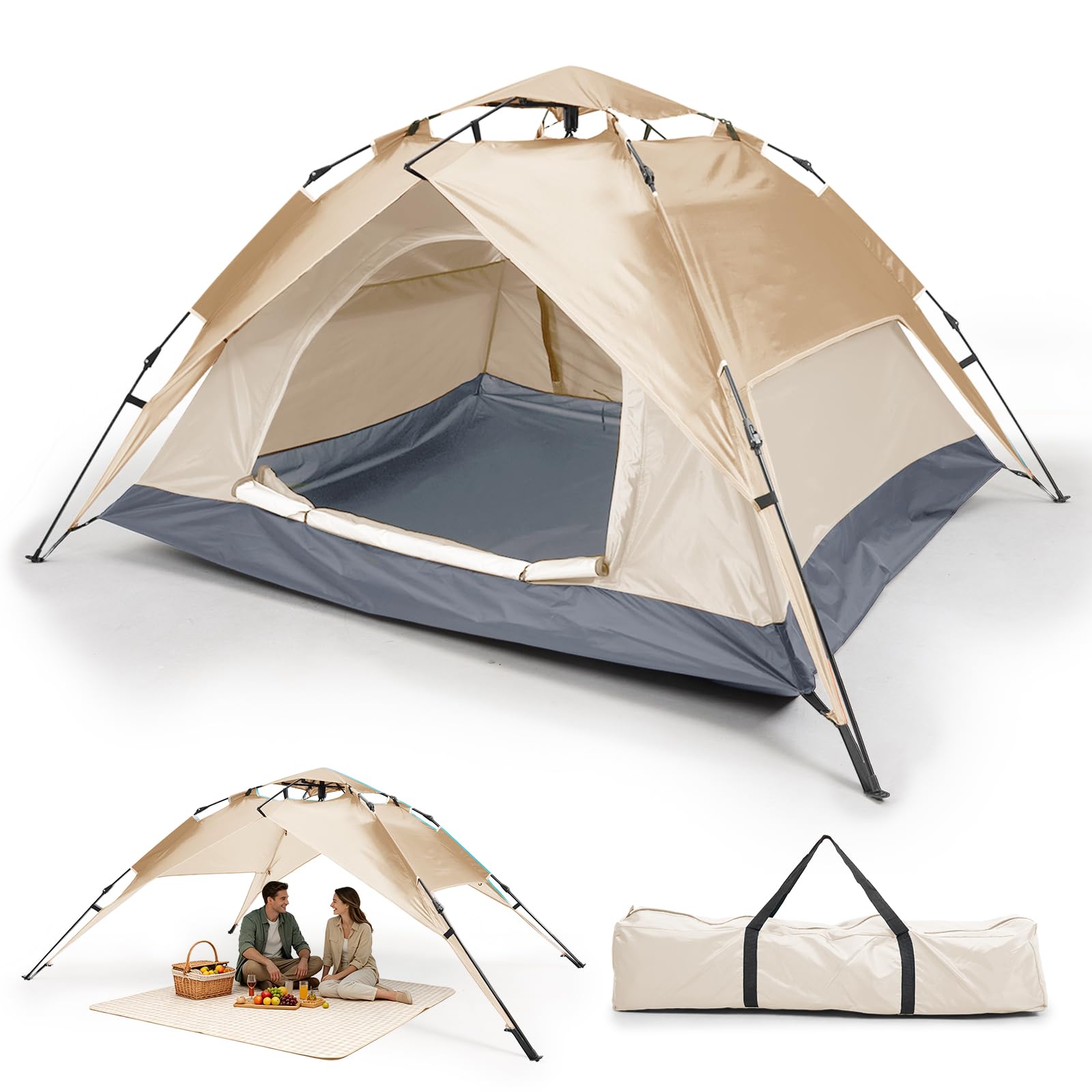 Warmiehomy Pop Up Tent 2-3 Person, Automatic Instant Setup Camping Tent with Detachable Outer Tent, Double Layer Waterproof Dome Tent for Outdoor Hiking, Backpacking & Picnic, Beige
