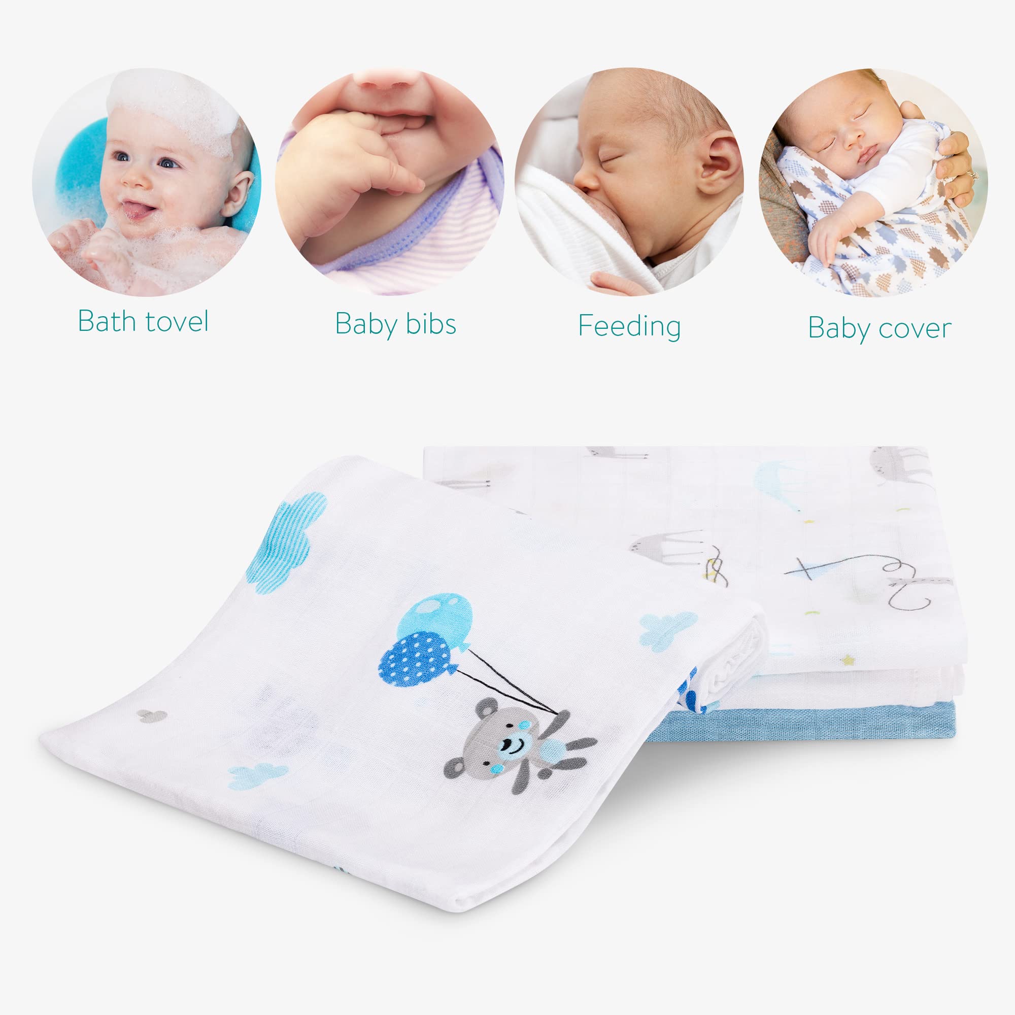 Navaris Set 4x Mussole per Neonato Misto Cotone e Viscosa Copertina 80x80cm Fascia per Allattamento Bianco Blu