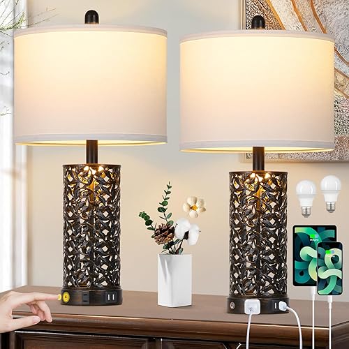 Juego de 2 lámparas vintage para sala de estar, estilo rústico, retro, con 2 puertos USB y salida de CA, lámpara de escritorio industrial con