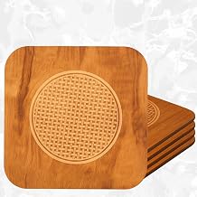 Wooden Trivet Set of 4 (20cm) | Heat Resistant Hot Pot Stand | Bamboo Table Mats with Engraved Design | Anti-Slip Dining Table Protector | Wooden Coaster for Kitchen & Cookware (Square)
