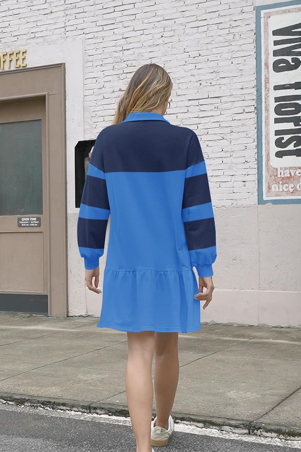 Women's Casual Dresses Long Sleeve Button V Neck Sweatshirt Dress Blue - Image 5
