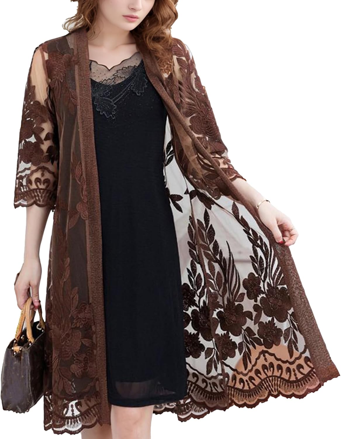 FindThy Women’s Floral Lace Embroidery Cardigan 3/4 Sleeve Sheer Mid-Long Coat Kimono Coverups